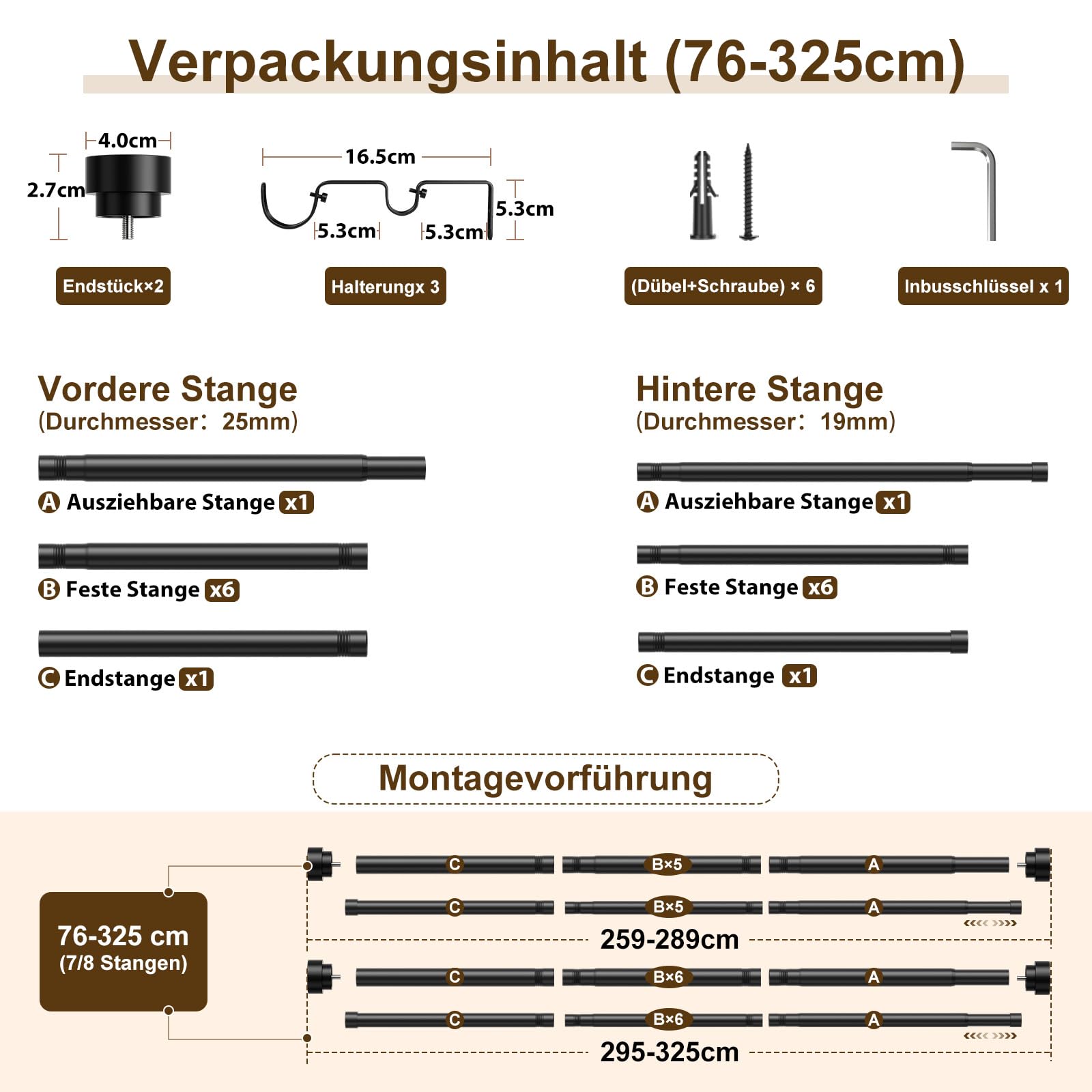 Bastone per tende a 2 binari, nero, 76-325 cm, diametro 25 mm