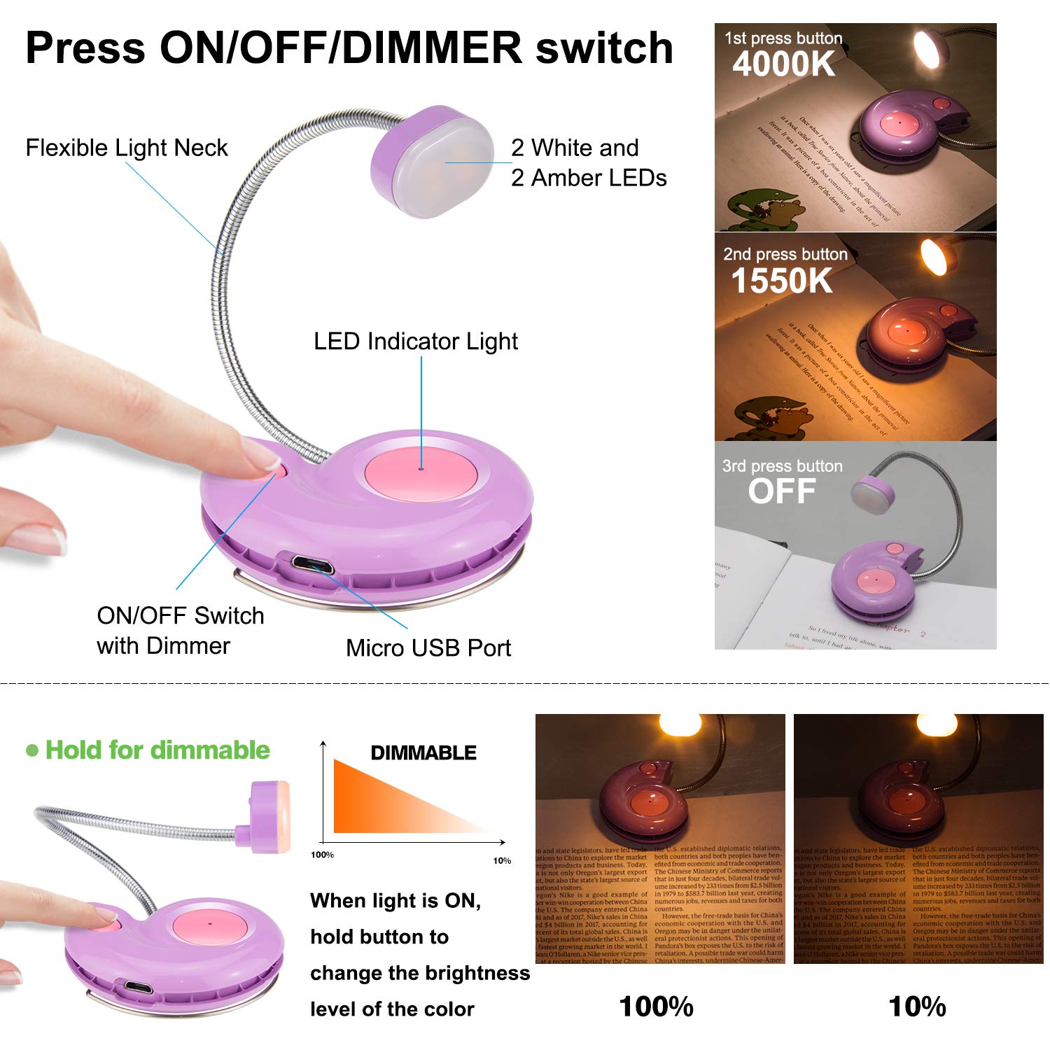 LUXSWAY Rechargeable Reading Book Light for Kids,LED Reading Light for Books in Bed,Amber Book Light with Magnetic,Clip-On Book Light with Flexible Gooseneck,Cute Bookmark Light for Bookworms-Violet