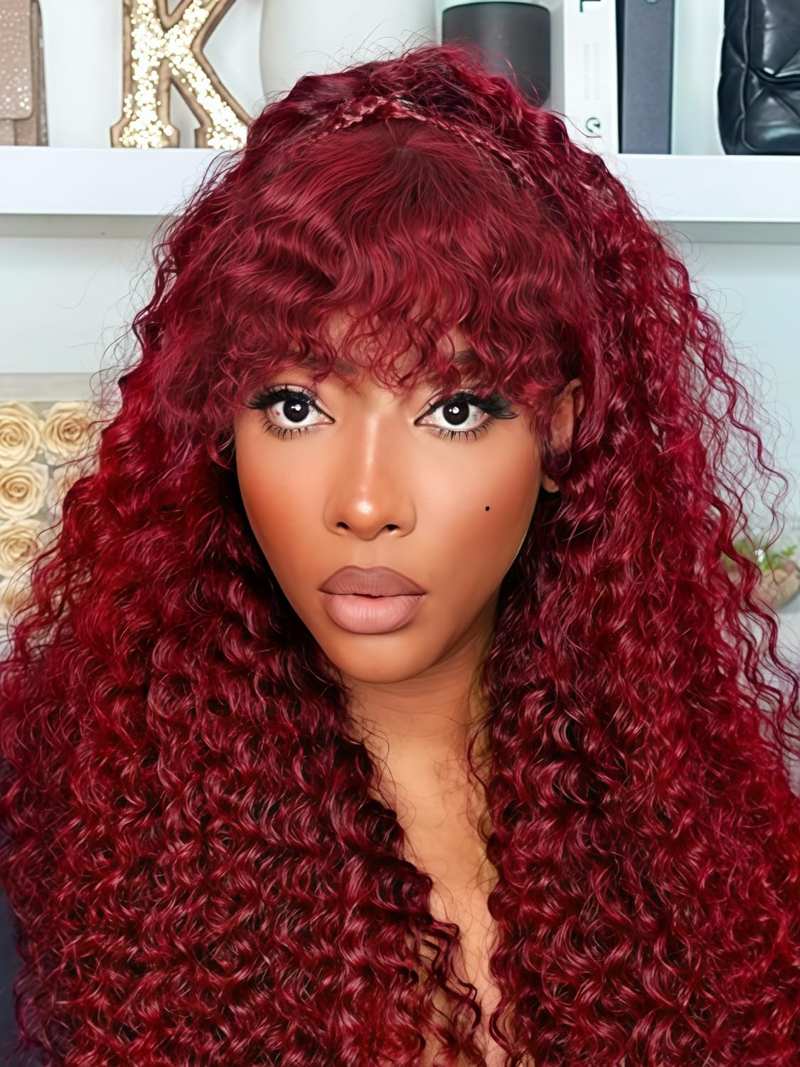 Burgundy Curly Wig with Bangs Human Hair 4x4 HD Lace Glueless Wig Human Hair Curly Wave Human Hair Wigs with Bangs for Black Women (Burgundy, 22inch)