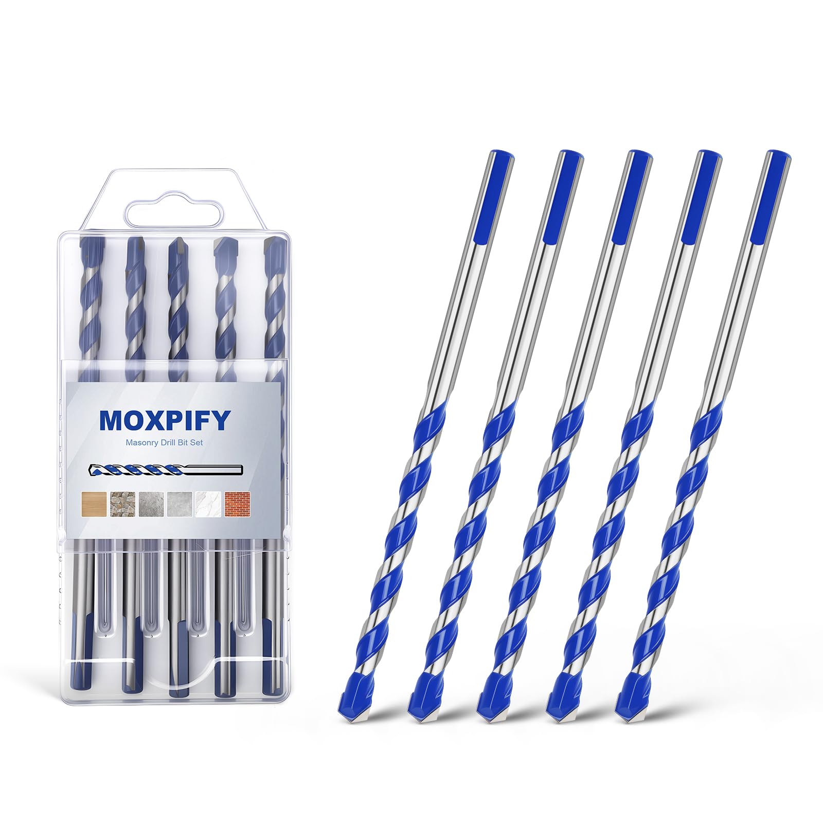 MOXPIFY 5pcs 8mm Masonry Drill Bit 150mm Extra Long, Tungsten Carbide Tip Concrete Drill Bits for Brick Wall Tile Porcelain (8mm x 150mm x 5, Tri. Shank)
