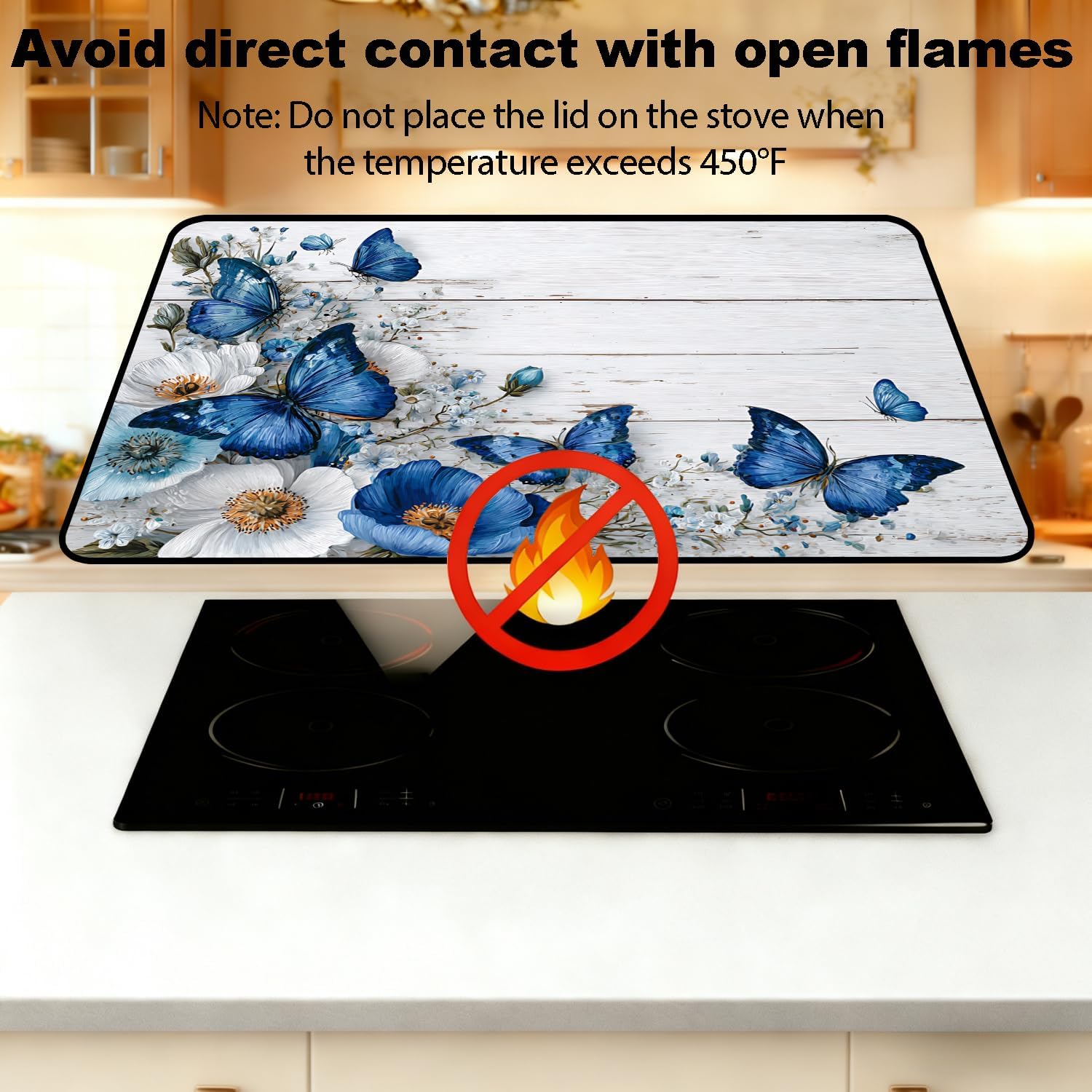 Glass Stove Top Covers for Electric Stove, Heat Resistant Counter Protector Mat, Non Slip Waterproof Surface Cover for Kitchen Counter and Cooktop (Blue Butterfly, 28"L x 20"W)