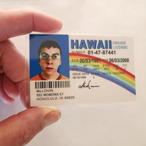 McLovin ID Driver License Superbad/Prank Items/Fake ID License/Double Sided/Great Complement for Costumes/Professional Quality: Funny Car Accesories/Funny Things