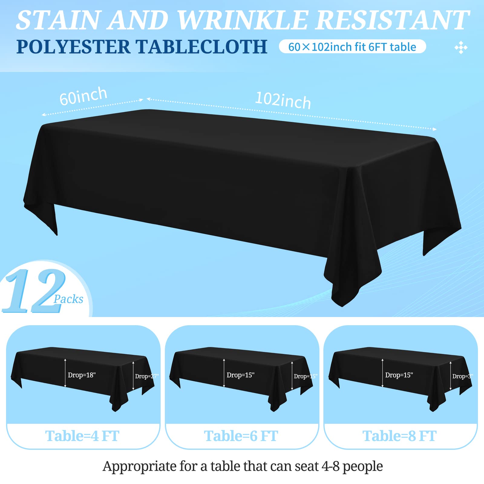 Paquete de 12 manteles negros para mesas rectangulares de 60 x 102 pulgadas, mantel rectangular de poliéster negro de 6 pies, resistente a las arrugas, lavable, mantel de tela para fiestas, bodas,