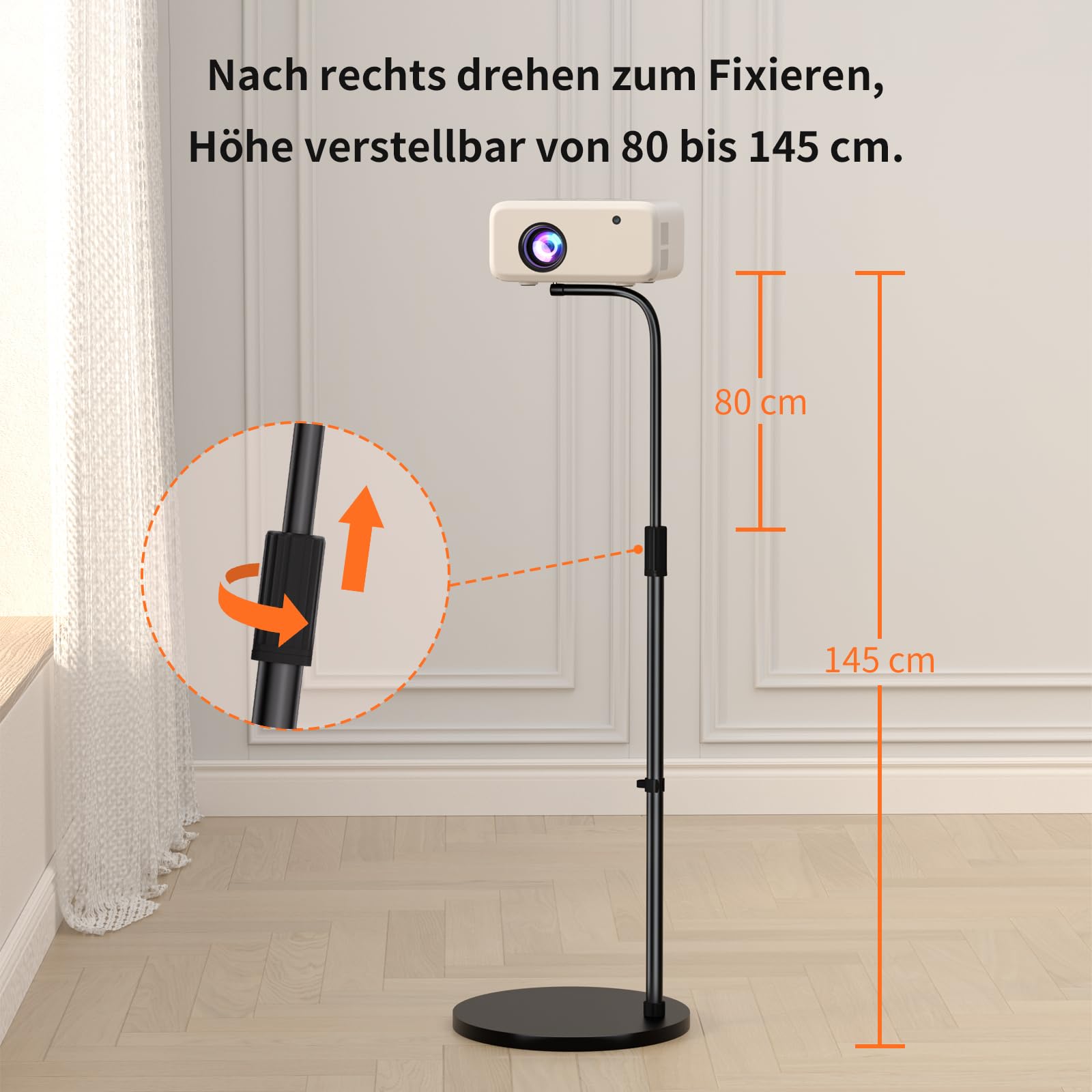 VISULAPEX 360°Beamer Ständer, L-Form Versteckter Beamer Halterung 80cm -145cm Höhenverstellbar, Tragkraft bis zu 10kg Mini Projektor Bodenhalterung Kompatibel mit Kameras, Handyhalterungen Webcams