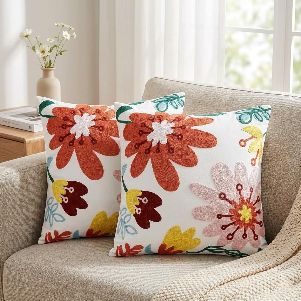Fundas Cojín 45x45 cm Lote de 2 Bordado Floral Abstracto en Naranja Fundas Decorativas Boho-Chic para Sofá y Salón