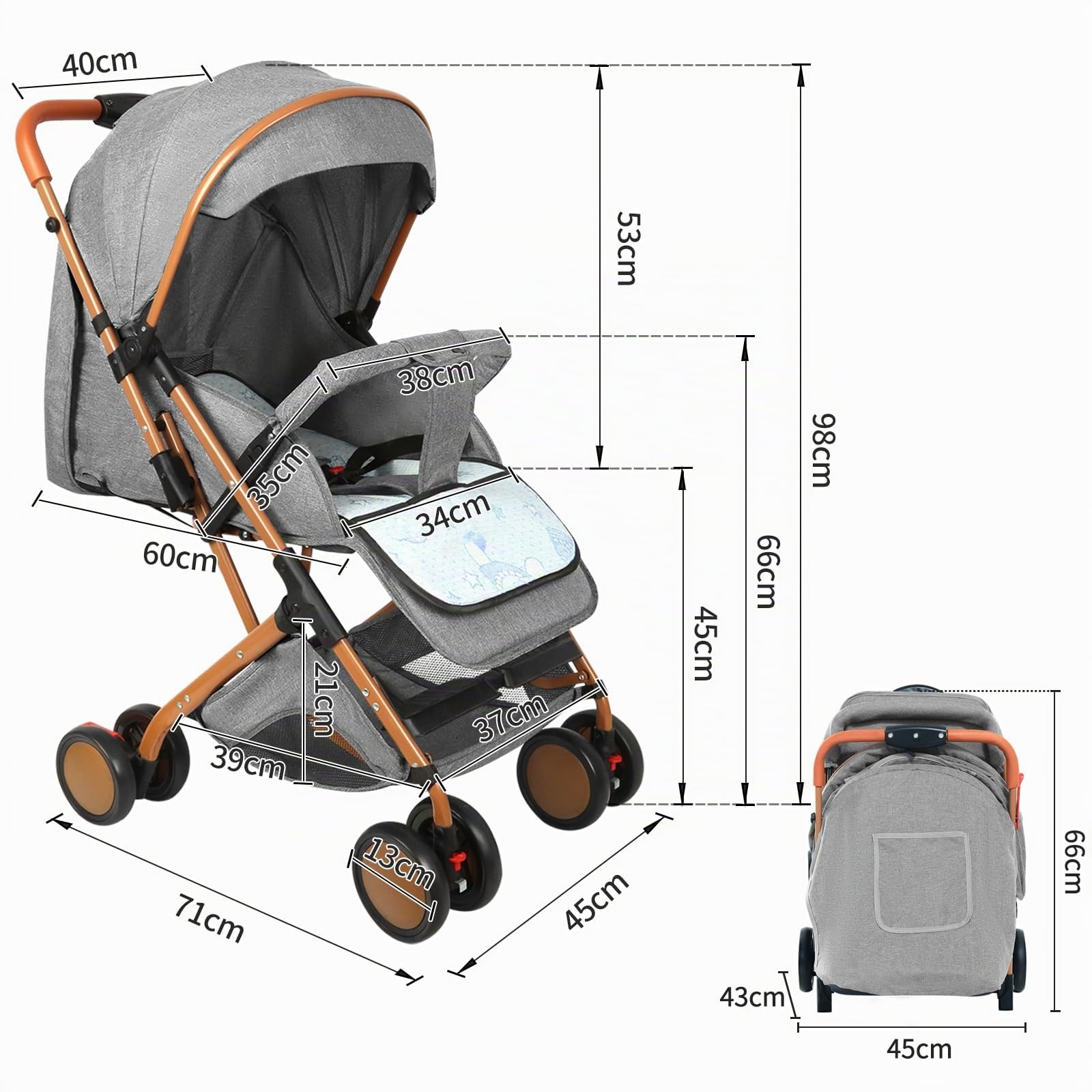 Poussette ultra compact à de 0 à 6 ans, Poussette de voyage avec harnais de sécurité 5 points,Pliable compacte et inclinable,Avec poches et pare-soleil (Gris)