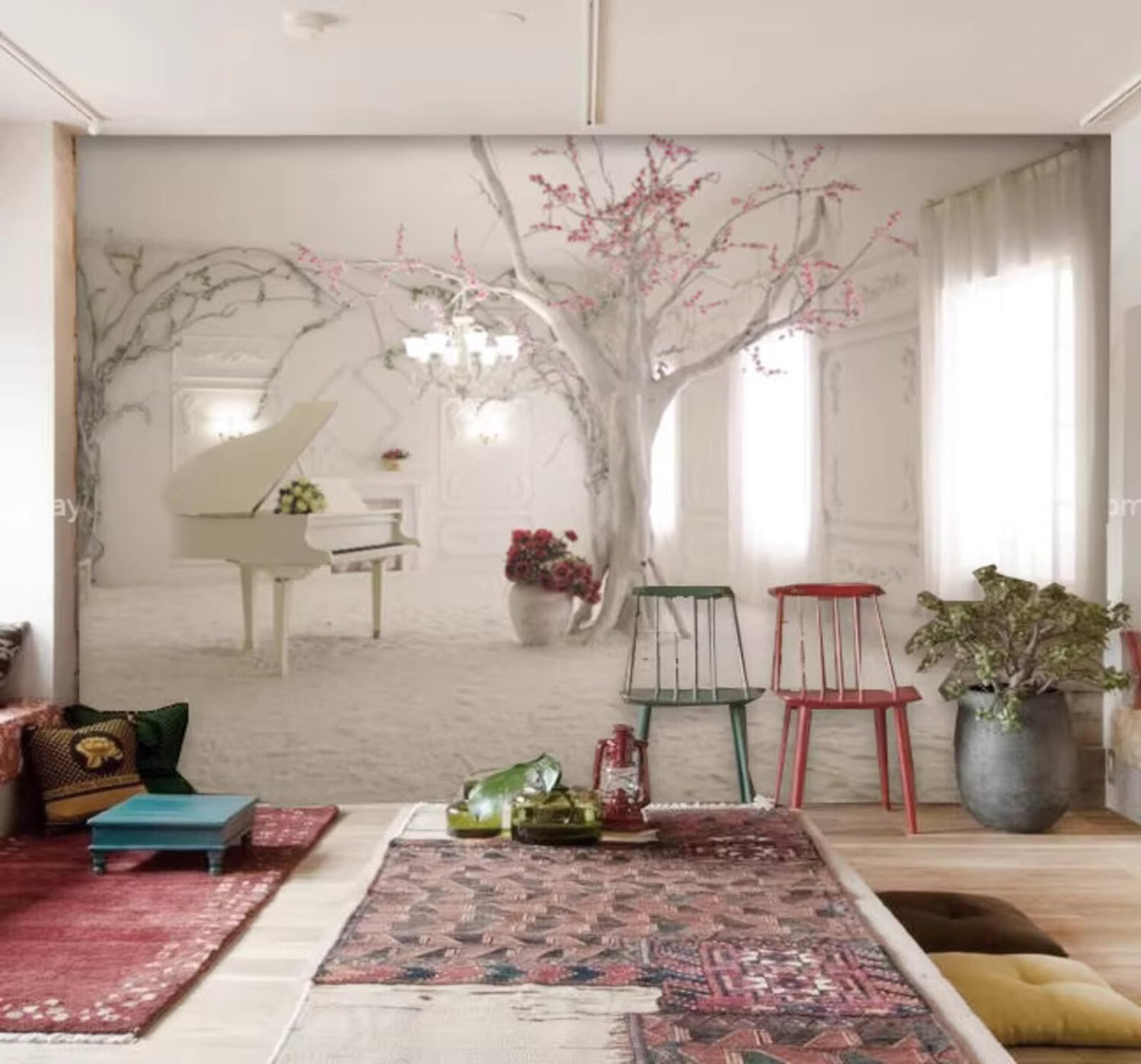 Wallpaper-3D-Xlm 250Cm×170Cm(B×H) Three Dimensional Visual Extension Space Trees Piano 3D Wallpaper Easy Install Feature Office Living Room Sofa Bedroom Tv Background Wall Decoration-250Cm×170Cm