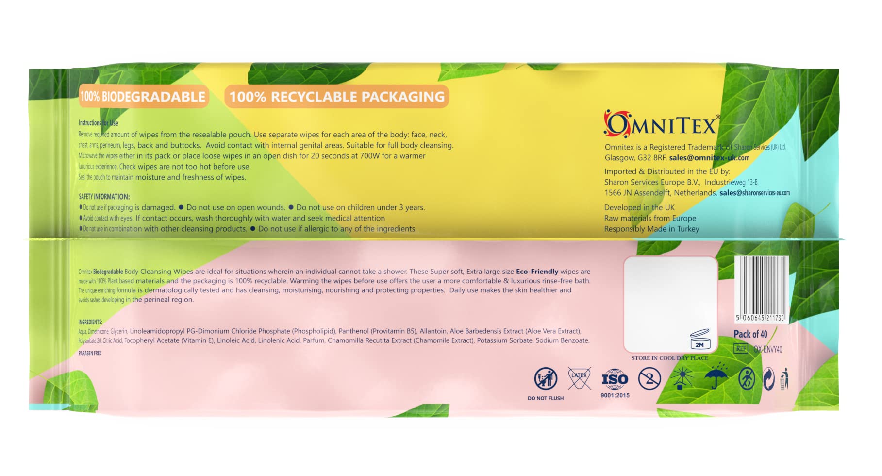 Omnitex Lot de 2 paquets de 40 lingettes nettoyantes biodégradables extra larges et extra épaisses pour le corps – Passent au micro-ondes | Sans rinçage pour le camping, les festivals, le bain au lit
