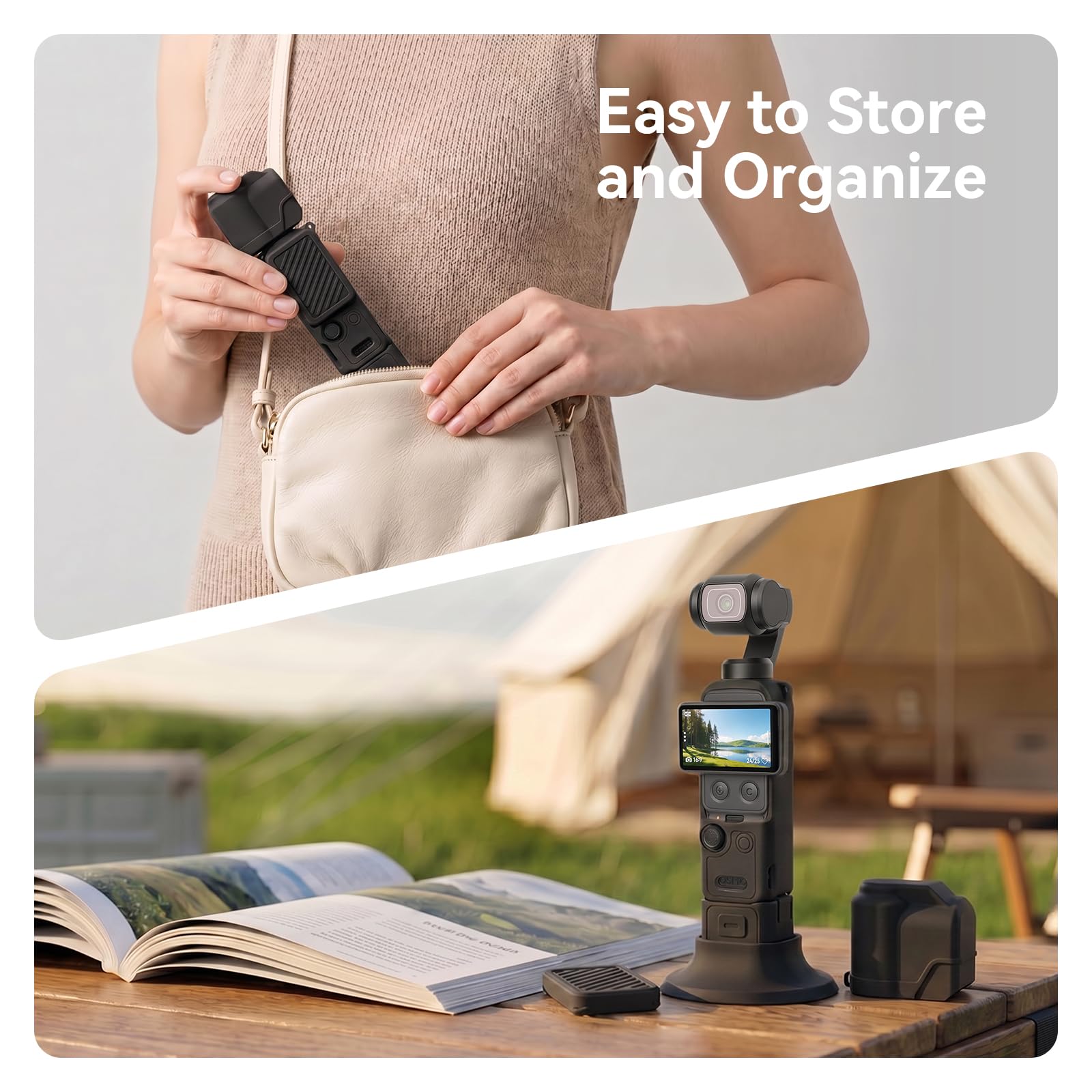 AMAZEAR Coque de Protection en Silicone pour DJI OSMO Pocket 4, Pocket 4 Accessoire de Protection Souple avec Protection d'écran en Verre trempé, Protection d'objectif, Support en Silicone, Noir