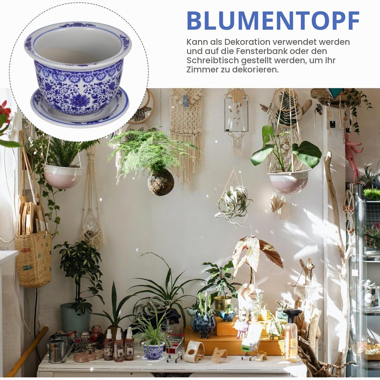 VANZACK Blau-weißer Blumentopf aus Keramik, chinesische Blumentöpfe aus Keramik mit Tablett, dekorativer Blumentopf für drinnen und draußen, Schreibtisch, Garten, Balkon