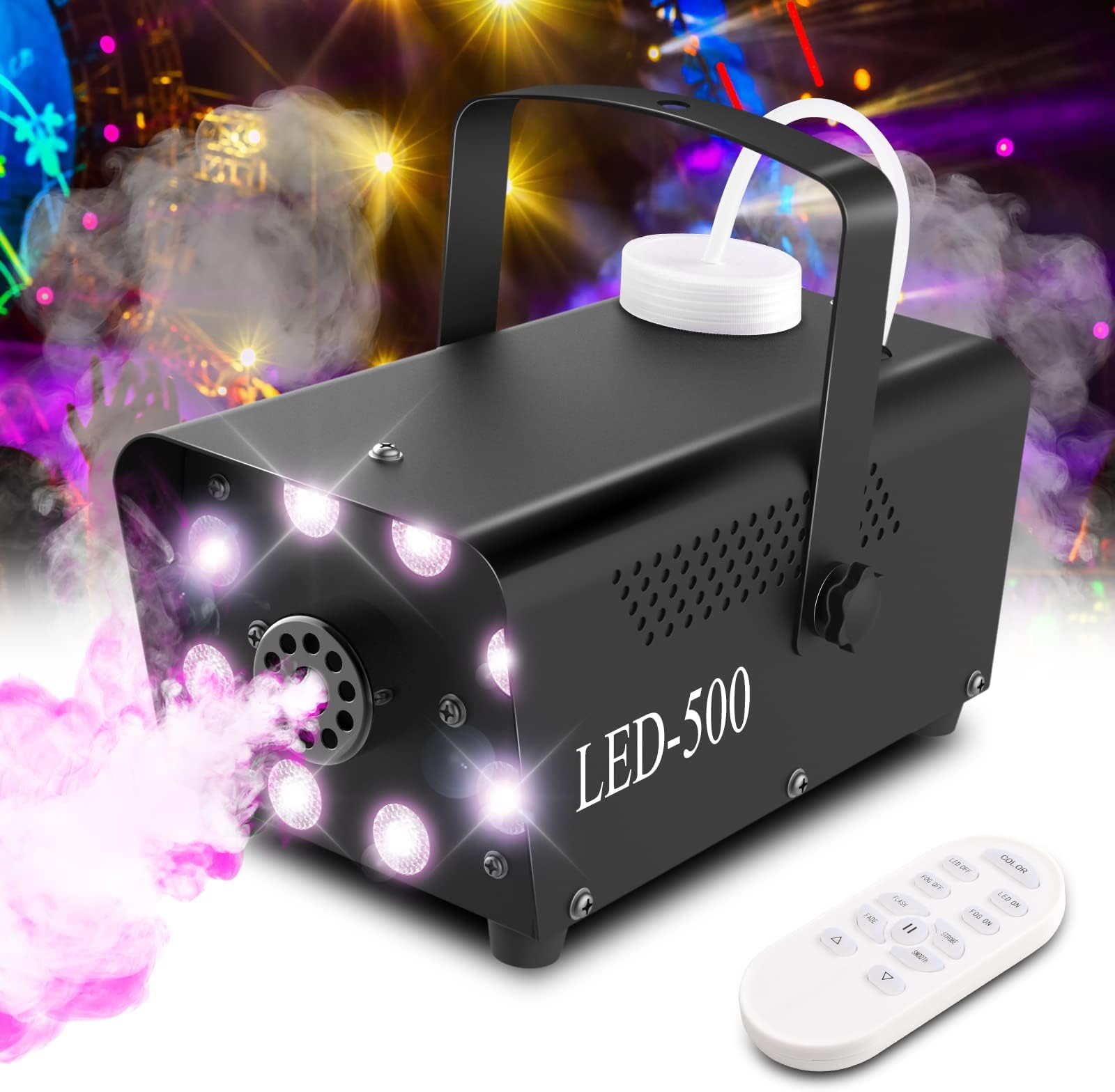 Upgraded Halloween Fog Machine with LED Lights - Smoke Machine with Colorful Strobe Effect, Wireless Remote Control, Continuous Fog for Wedding, Halloween, Christmas, Party and Stage Effect
