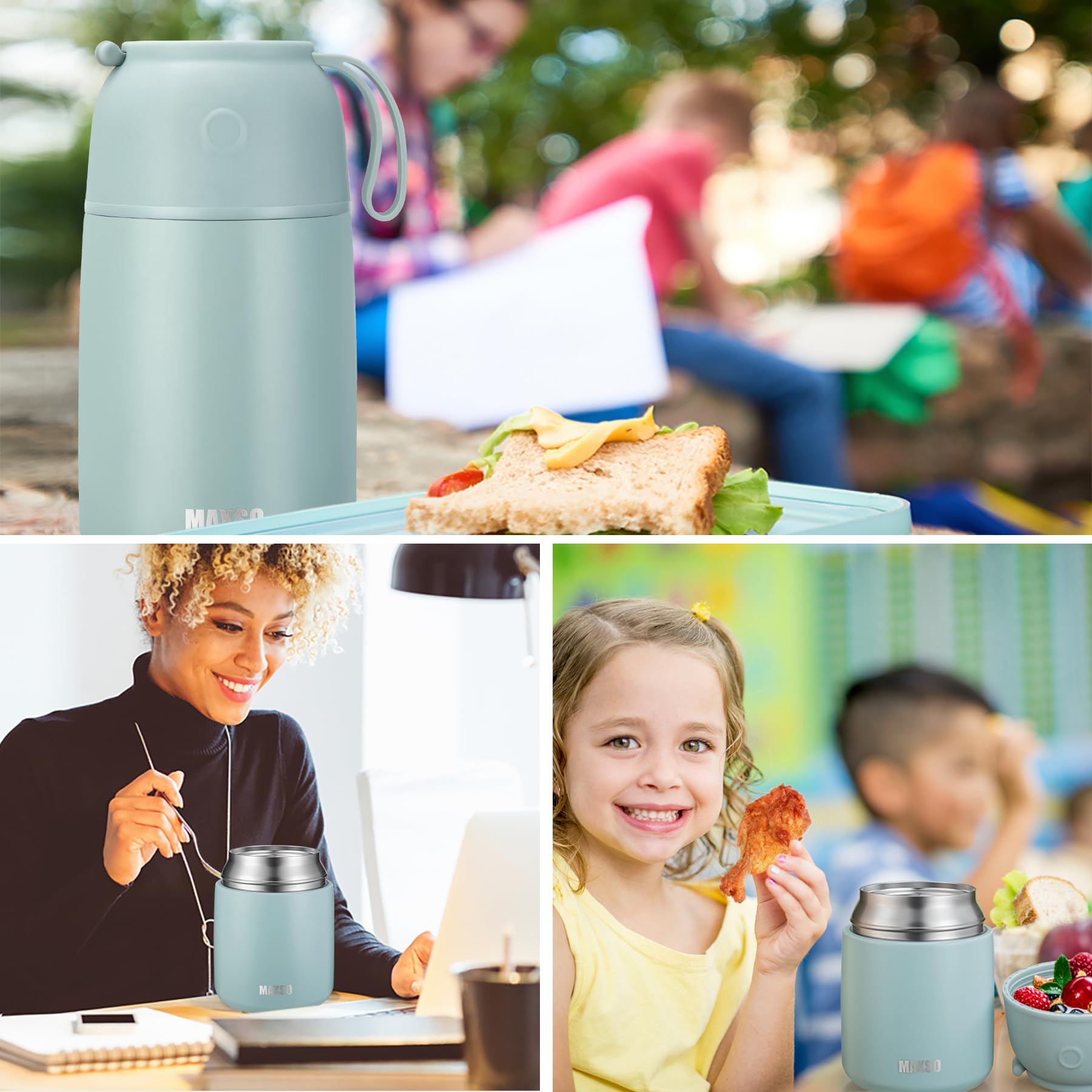 MAXSO Thermobehälter für heiße und kalte Speisen, für Kinder und Erwachsene, vakuumisoliert, Lebensmittelbehälter, Reise-Lebensmittelbehälter mit Löffel, 2 Stück, Salbeigrün