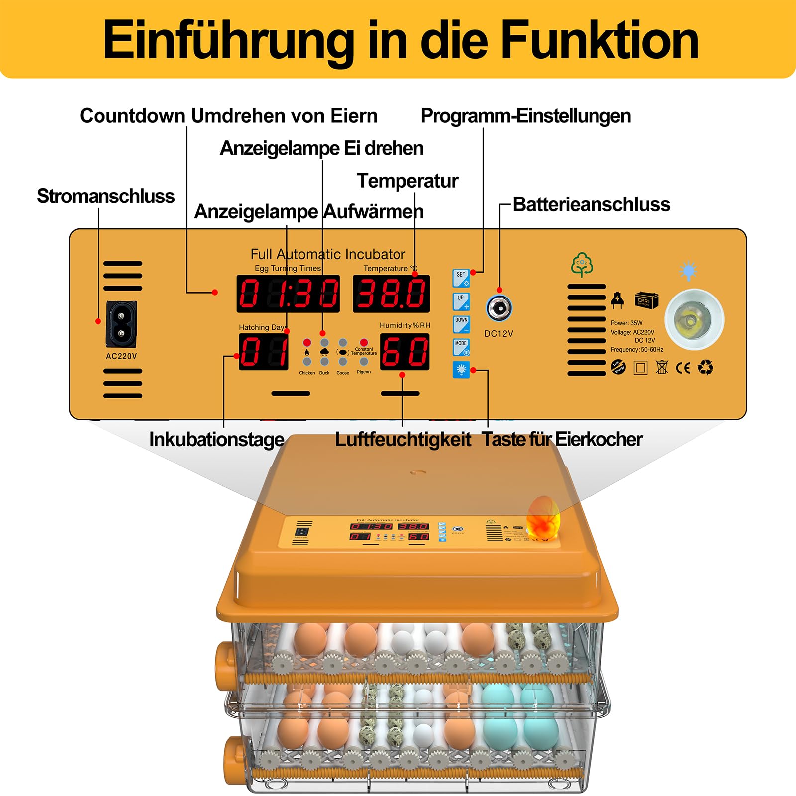 Brutautomat Vollautomatisch Brutmaschine Vollautomatisch Inkubator Hühner für 120 Eier, Brutkasten mit Automatischem Eierdrehen und Anzeige der Luftfeuchtigkeit