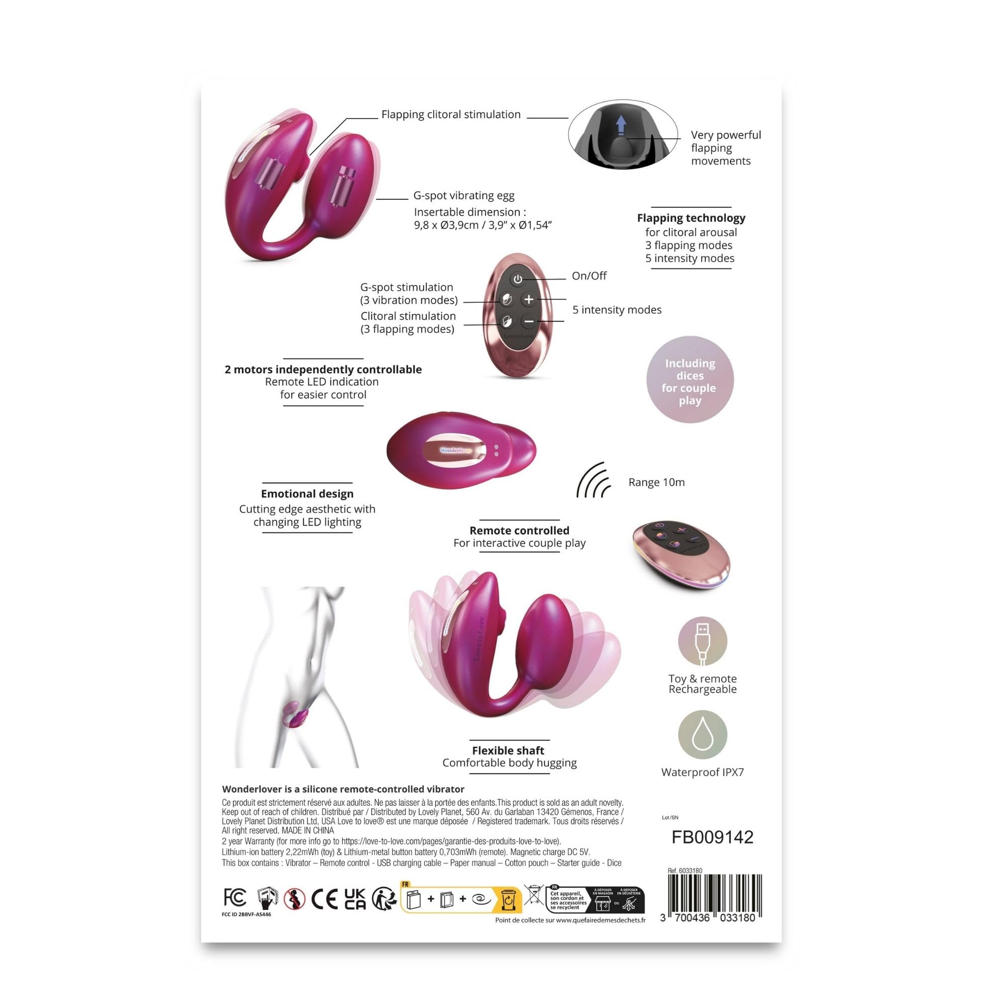 Love to Love Wonderlover – Sex toy ovetto vibrante con telecomando a distanza, doppia stimolazione clitoride & punto G, tecnologia flapping, 9 modalità, impermeabile, utilizzo a mani libere