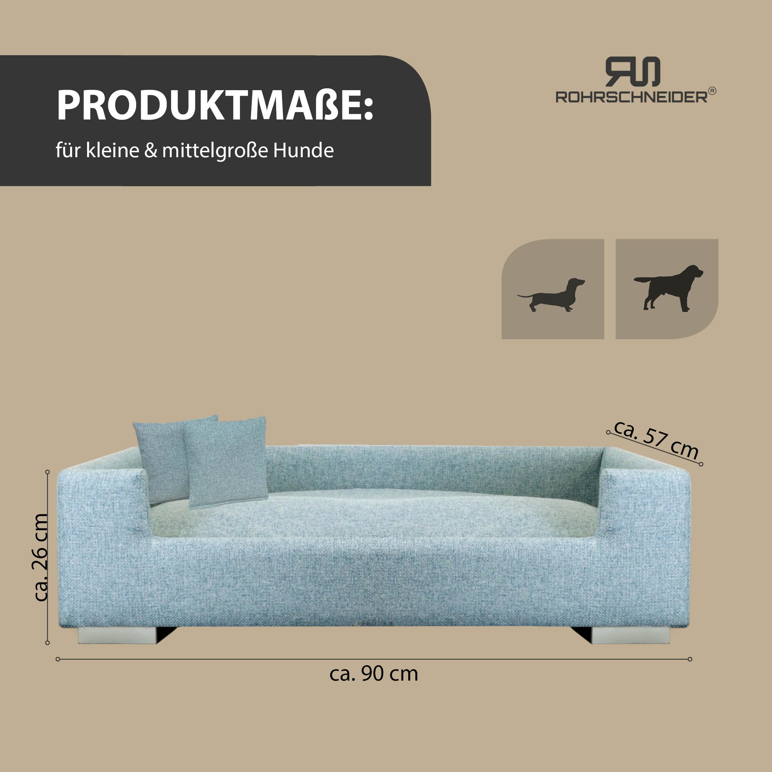 Rohrschneider Sofá para perros, cama para perros medianos y grandes, lavable, tejido acolchado resistente, 100% poliéster, turquesa, 90 x 57 x 26 cm, incluye 2 cojines decorativos