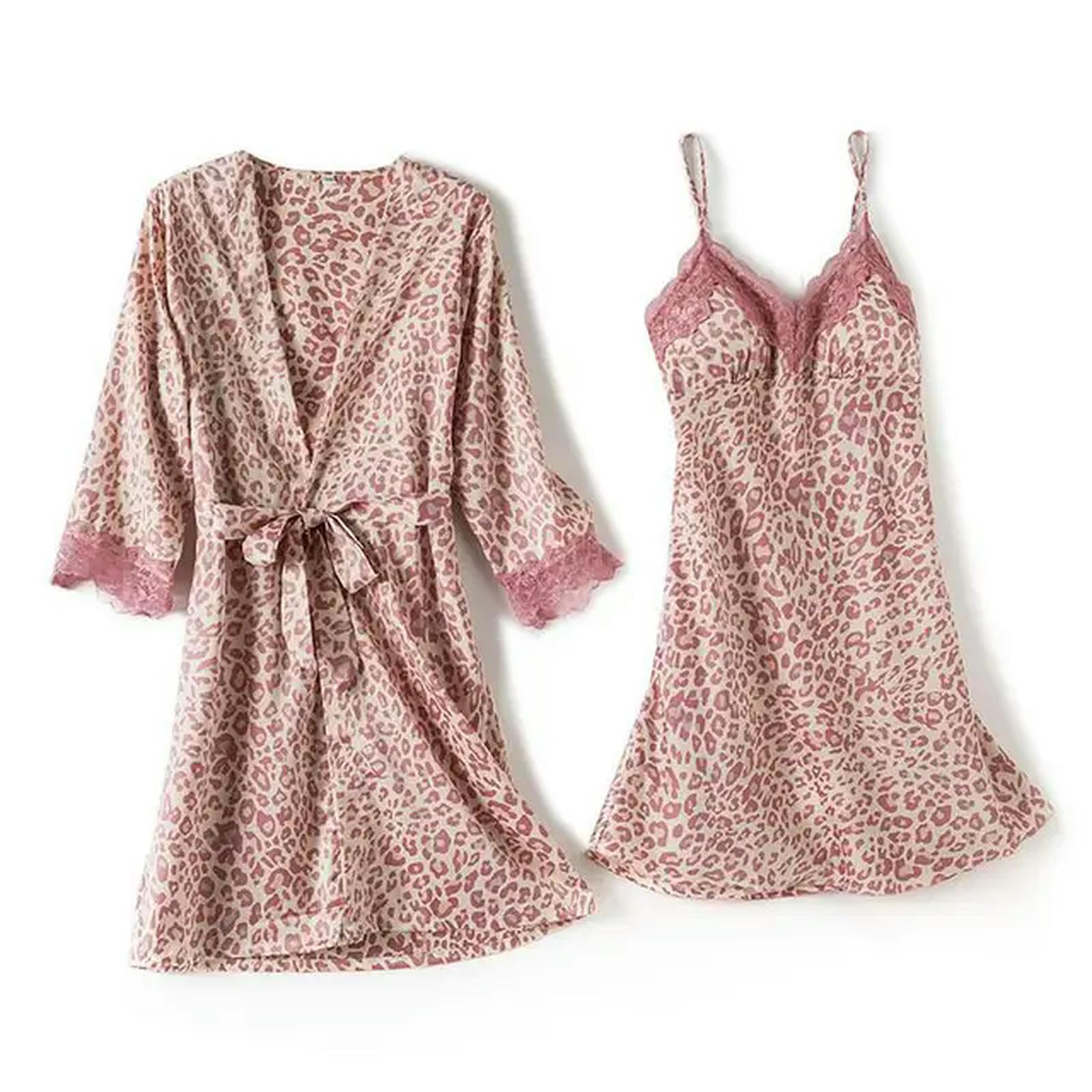 Camicia da Notte Donna Abito da Bagno in Pizzo Satinato da Donna Notturna 2 Pezzi di Veste Leoparda Set da Camicino da Camicia da Camicia E Abito da Un Accappatoio