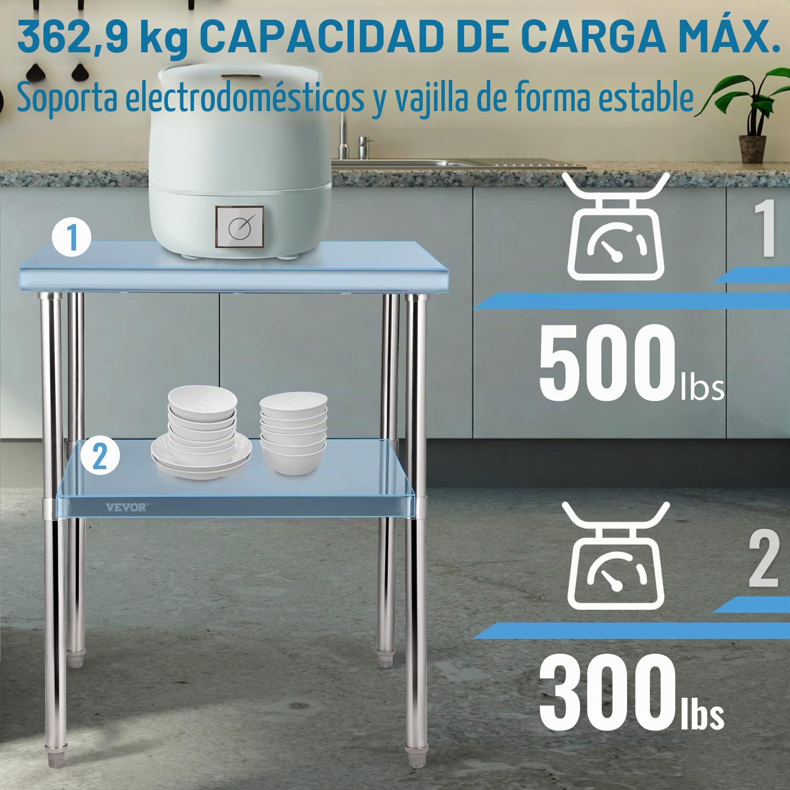 VEVOR Mesa de Trabajo de Acero Inoxidable 76 x 76 x 91 cm Mesa de Preparación de 2 Niveles Carga de 362 kg Mesa de Cocina Estante Ajustable en Altura para Cocina Restaurante Bar Garaje al Aire Libre
