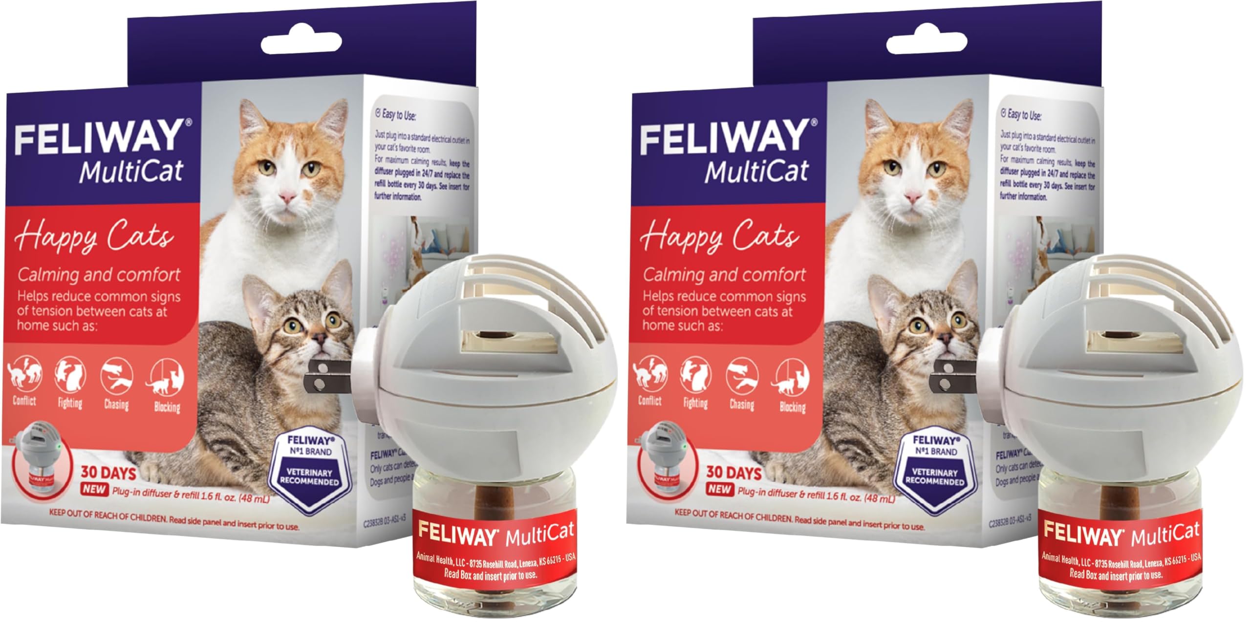 FELIWAY MultiCat 30 Day Cat Calming Plug in Pheromone Diffuser Starter Kit,48ml - Helps Reduce Conflicts and Signs of Tension in Multi-Cat Households,(Pack of 2)