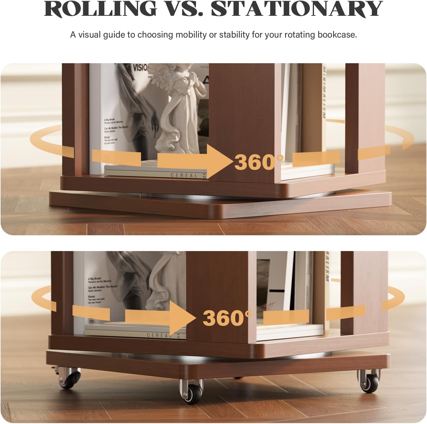 4 Tier Solid Wood Rotating Bookshelf Tower on Wheels, 360° Upgrade Spinning Book Shelf, Revolving Bookcase Organizer, Swivel Bookshelves for Small Spaces, Corner, Bedroom, Kids Room, Office (Walnut)