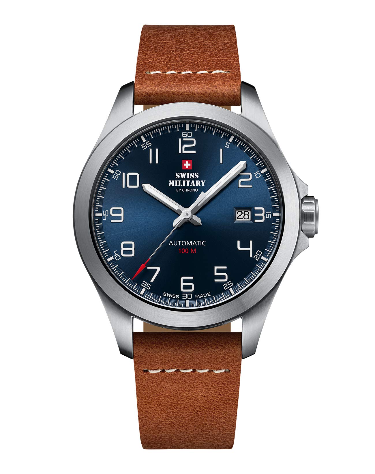 Swiss Military by Chrono Herren Uhr Armbanduhr Automatik Uhrwerk mit Lederarmband Analoge Herrenuhr Silber SMA34077.03