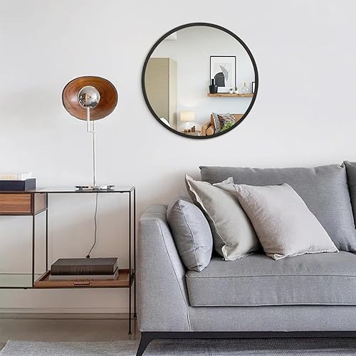Miniatura 324 de JJUUYOU Espejo circular de pared redondo para baño, espejo de tocador gris, pequeño círculo decorativo para pared, marco de madera, espejo