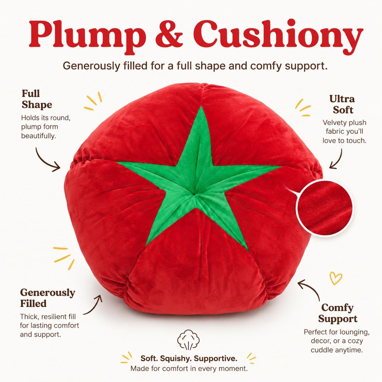 Tomato-Shaped Plush Pillow - Multi-Functional Cushion for Sofa/Bed Decor (15"x15"x6") Soft Filled Creative Home Accent Pillow