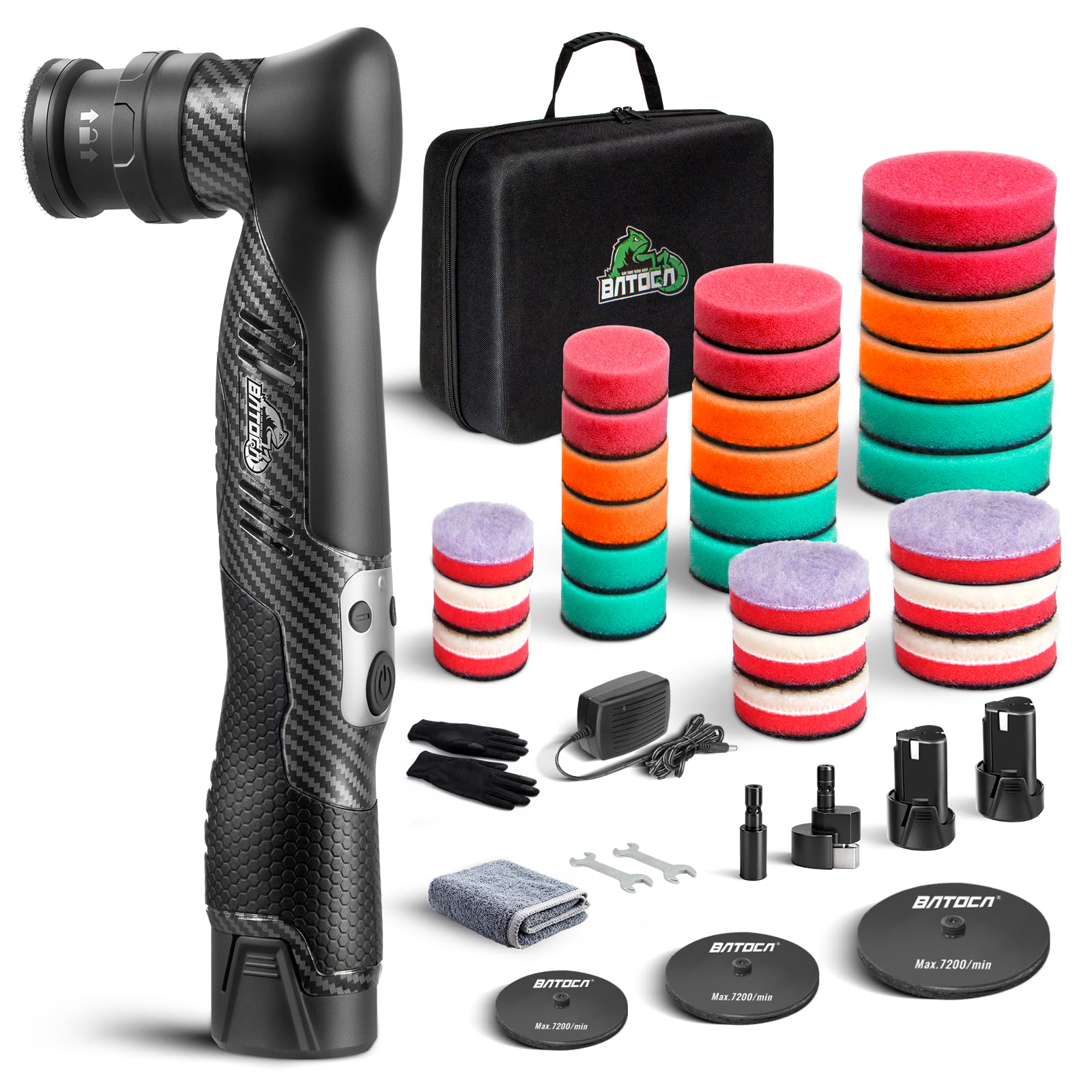 BATOCA S5 Cordless Mini Car Polisher Buffer Sander Dual Action & Rotary Polishing Machine 2X 12V Battery with 1" 3" Polishing Pads Kit for Car Motorcycle Detailing Polish Buffing 6-Speed 2000-5500RPM — view 12
