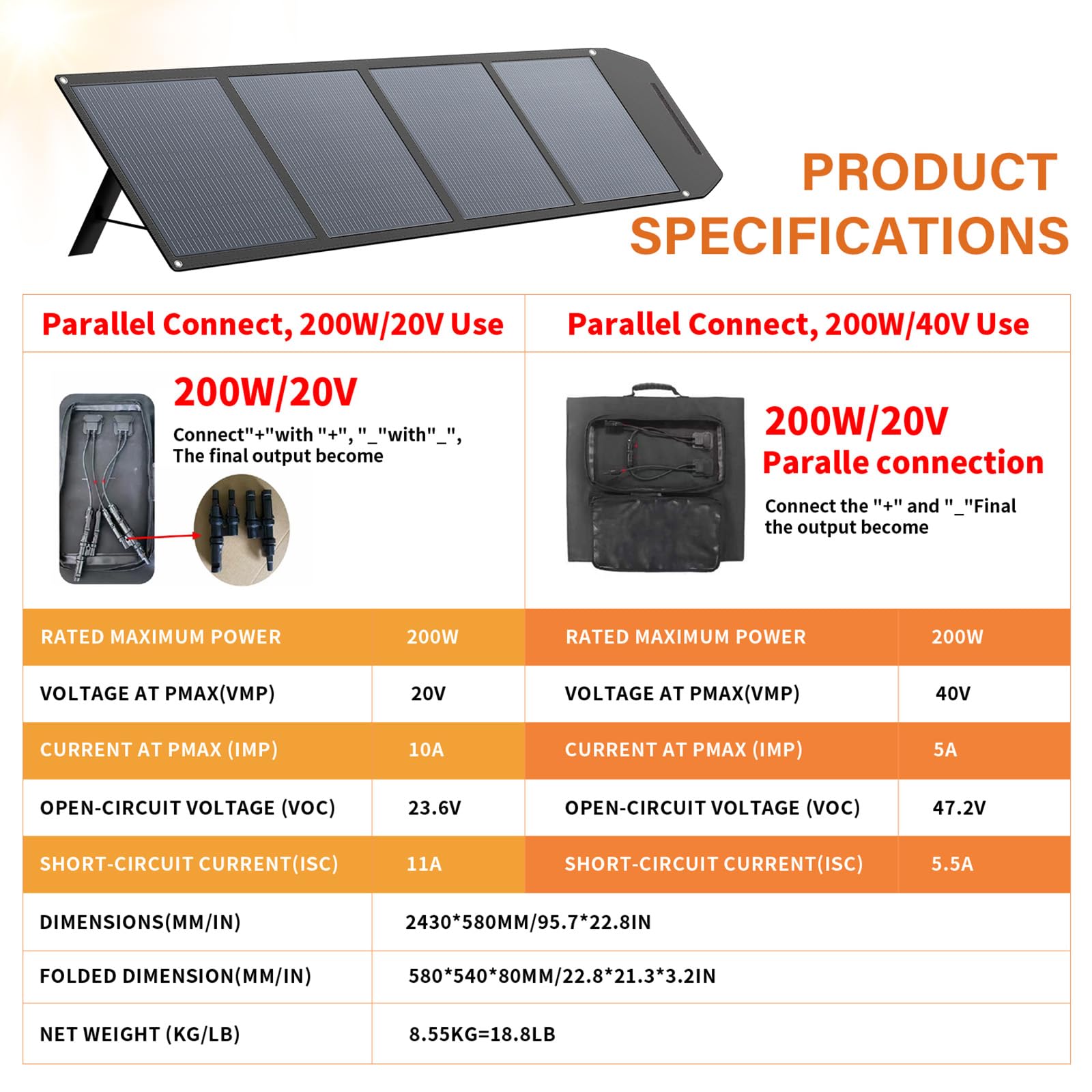 Yinleader 200W Faltbares Solarpanel für Camping, Wohnmobil & Powerstation | Schnellladung für Powerstation, leicht & faltbar für Outdoor, hocheffiziente Solarzellen, MC4 auf DC5521/XT60