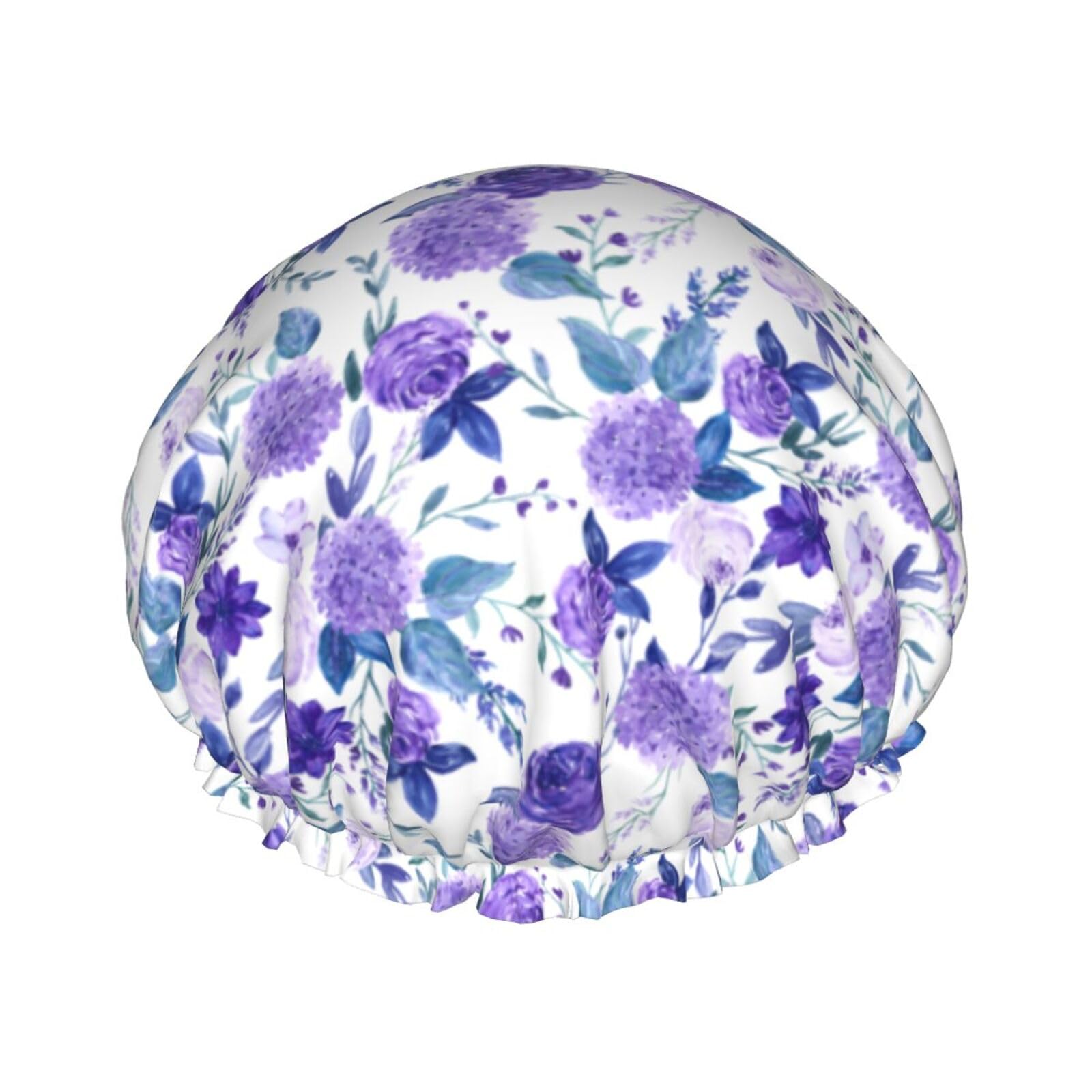 Violet Purple Rose Shower Cap For Women Adjustable Double Waterproof Layers Bathing Shower Hat Hair Protection Reusable Ladies Spa Salon Shower Hat