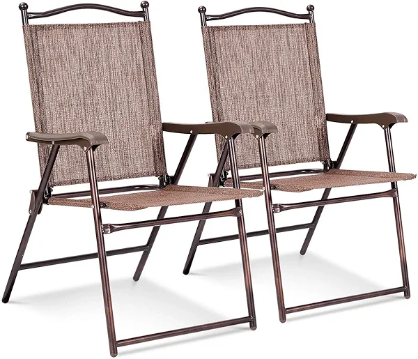 Giantex Set of 2 Patio Folding Chairs, Outdoor Patio Dining Chairs w/Armrest, Sling Back, Metal Frame, Outside Use for Lawn Camping Garden Pool Beach Yard Lounge, No Assembly, Brown
