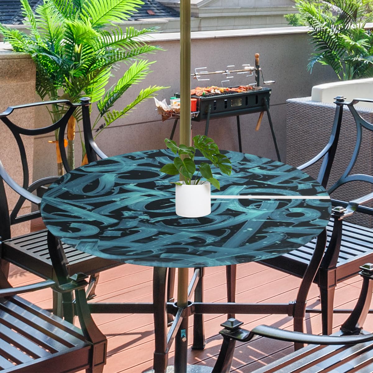 XMNYGJ Blue Line Art Round Fitted Tablecloth with Umbrella Hole Zipper for Patio Picnic Tables Elastic Outdoor Table Cover Waterproof and Stain Resistant 45-56 Inch