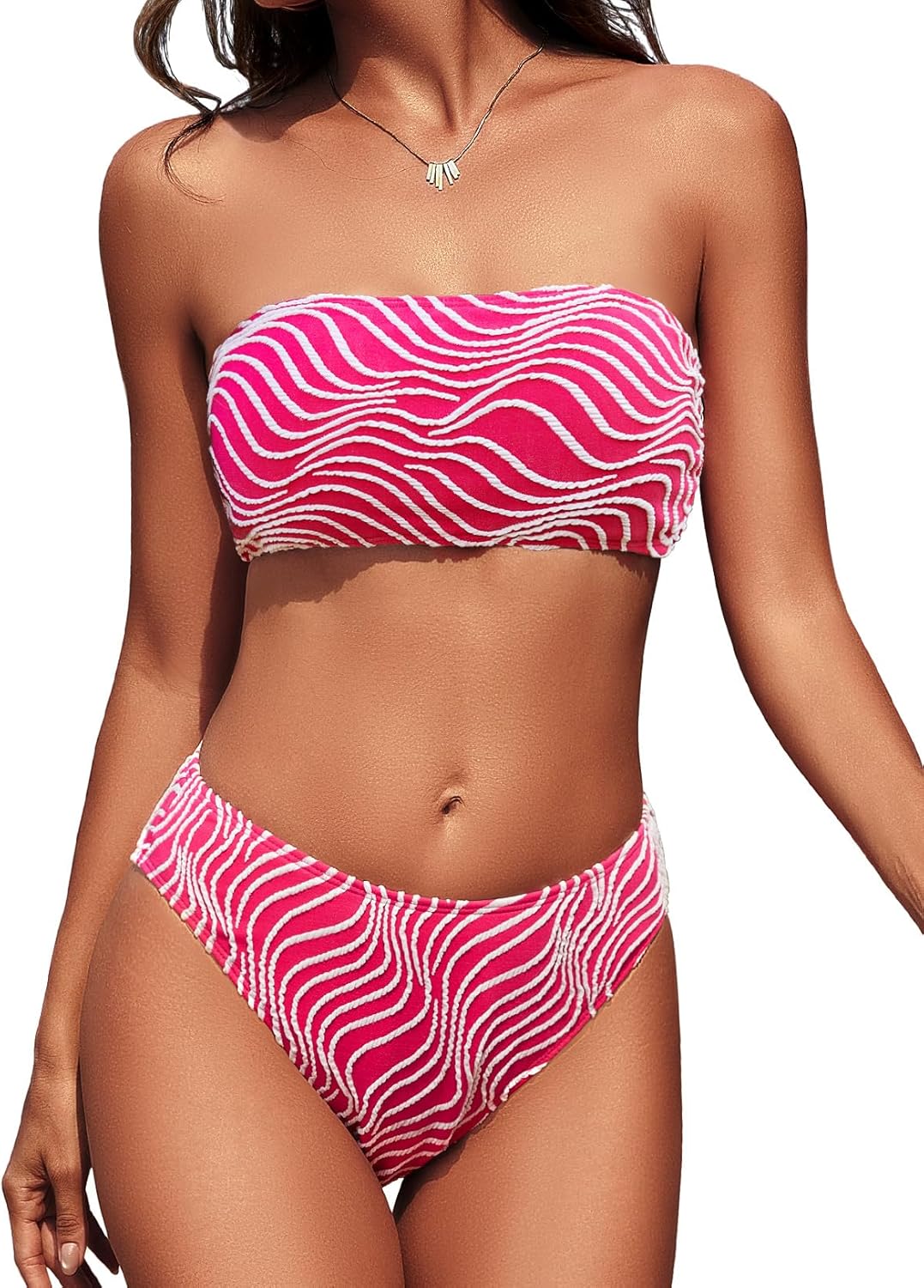 Women Strapless Bandeau Bikini Sets Two Piece Textured Swimsuits Ribbed Lace Up Bathing Suits