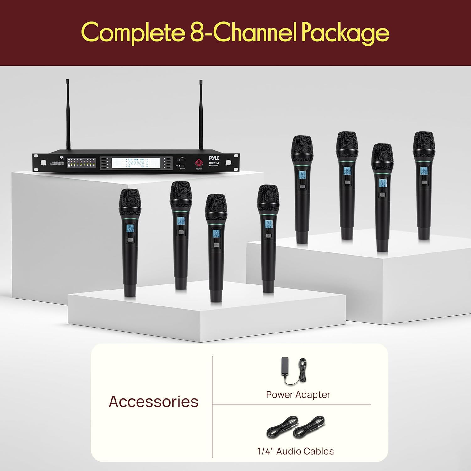 Pyle Wireless Microphone System | 8-Channel Microphone Set with 8 UHF Handheld Microphones | Cordless Mics with 100 Selectable Frequencies | 300 ft Range for Singing, Church, Meetings, & Live Events