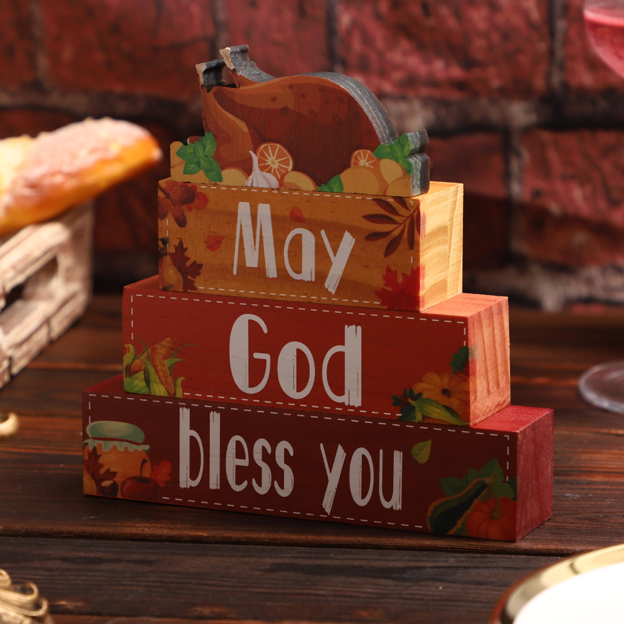 PARTTELY Thanksgiving Decor for Home- 4 Pcs Thanksgiving Table Decor Fall Tiered Tray Decor Farmhouse Rustic Wooden for Home Kitchen