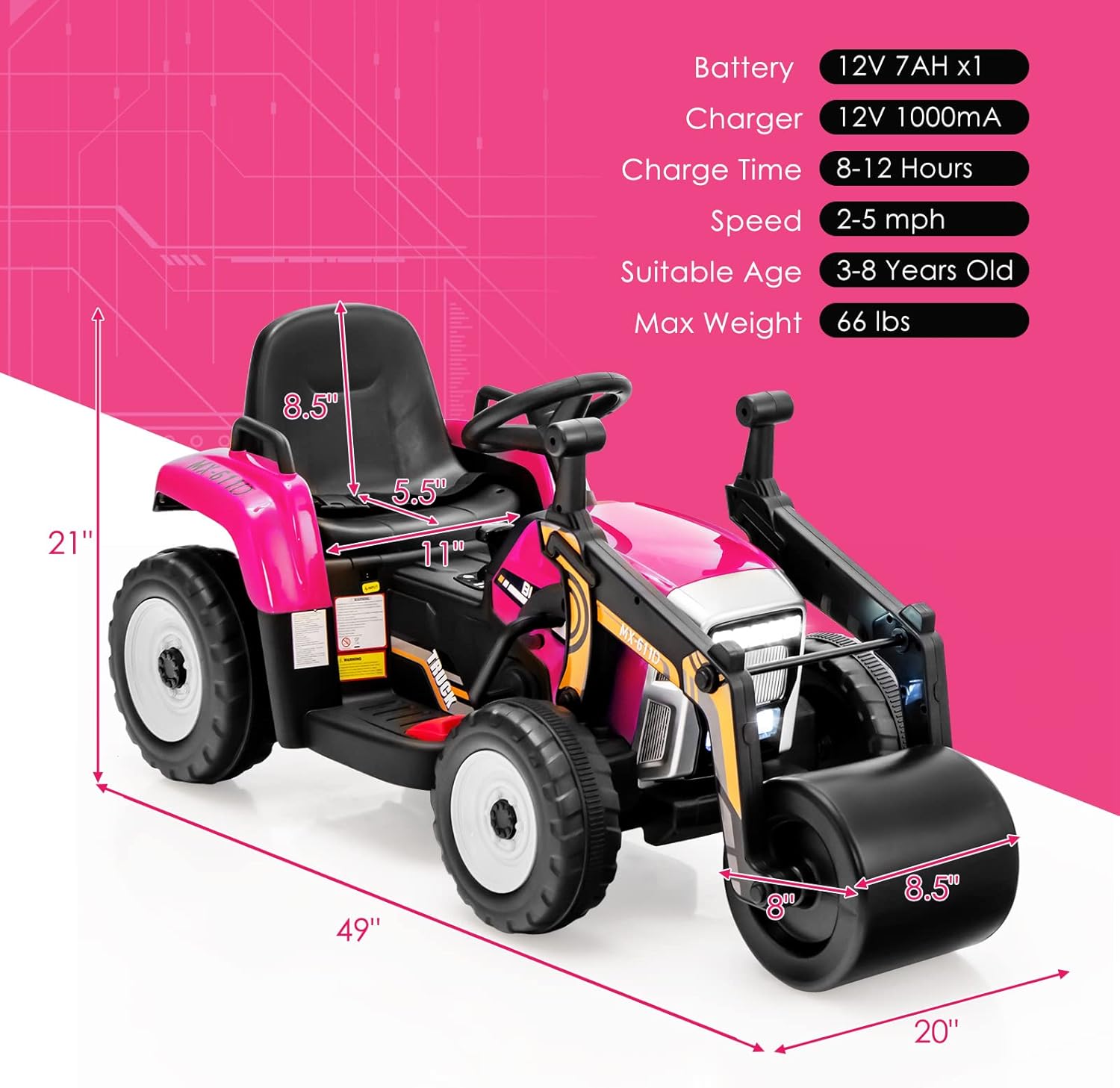 Costzon Ride on Car, 12V Road Roller with Remote Control, Battery Powered Electric Tractor w/Adjustable Drum Roller, LED Lights, Music, USB, Wireless Connection, Electric Car for Kids (Pink)