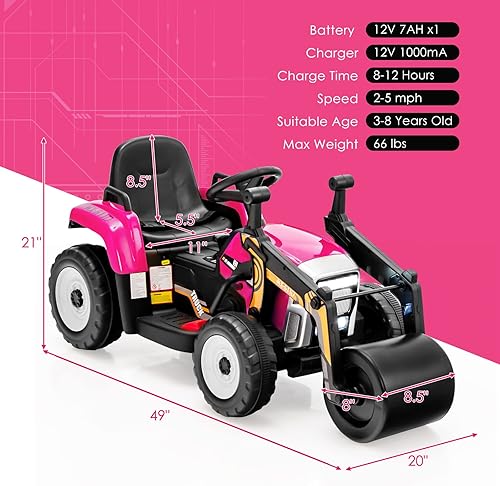 Miniatura 9 de HONEY JOY Coche de paseo rosa, rodillo eléctrico de carretera de 12 V con control remoto, tractor para niños pequeños a batería con rodillo de