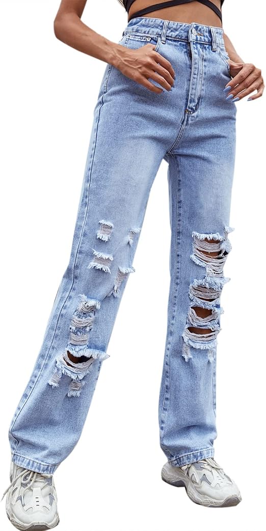 Pantaloni a Gamba Dritta a Vita Media Sottili Strappati alla Moda Comodi  Jeans da Donna Casual lavati Sexy indossati in Modo Asimmetrico :  Amazon.it: Abbigliamento