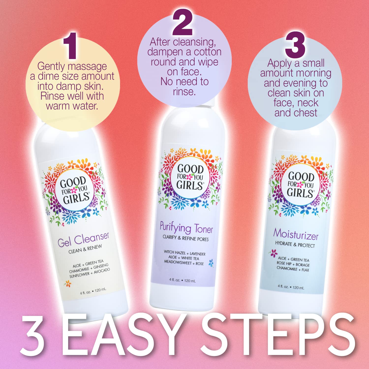 Good For You Girls Three-Step Skincare Gift Set - Cleanser, Toner & Moisturizer for Girls to Teens, Safe, Natural, Plant-Based ingredients. Vegan & Gluten-Free | 3 Piece, 4 oz ea.
