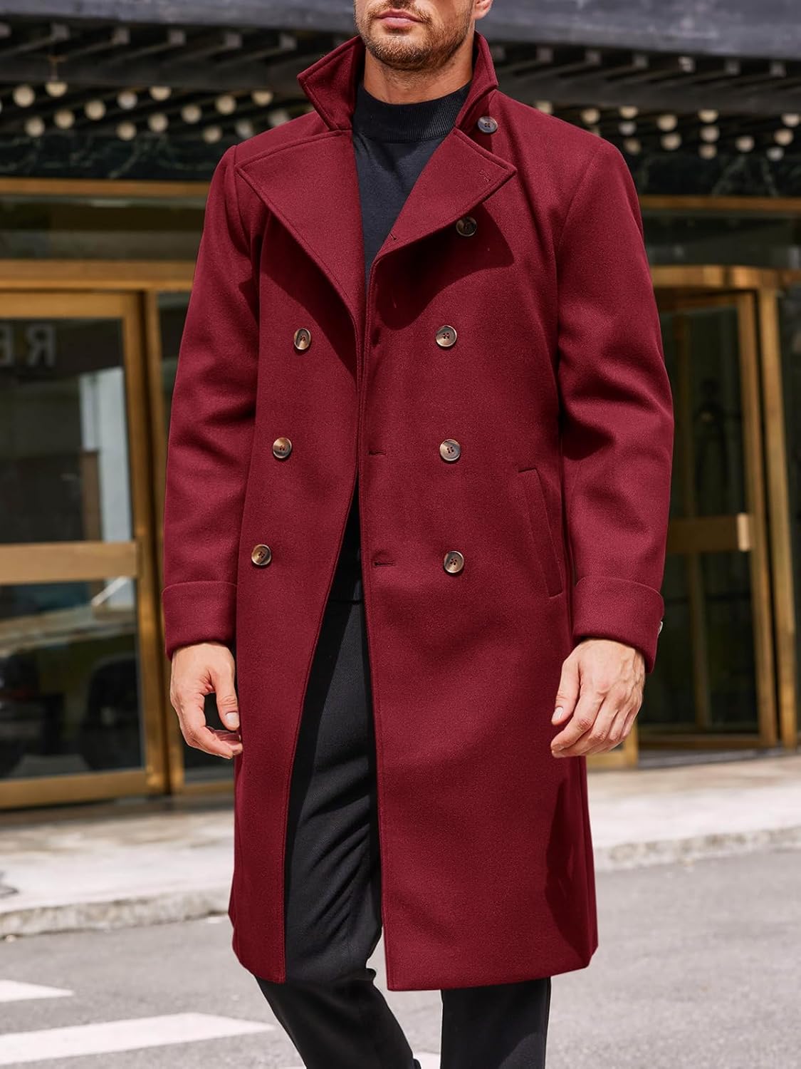 Runcati Mens Trench Coat Notch Lapel Double Breasted Belted Pea Coat Wool Blend Winter Warm Overcoat - Image 3