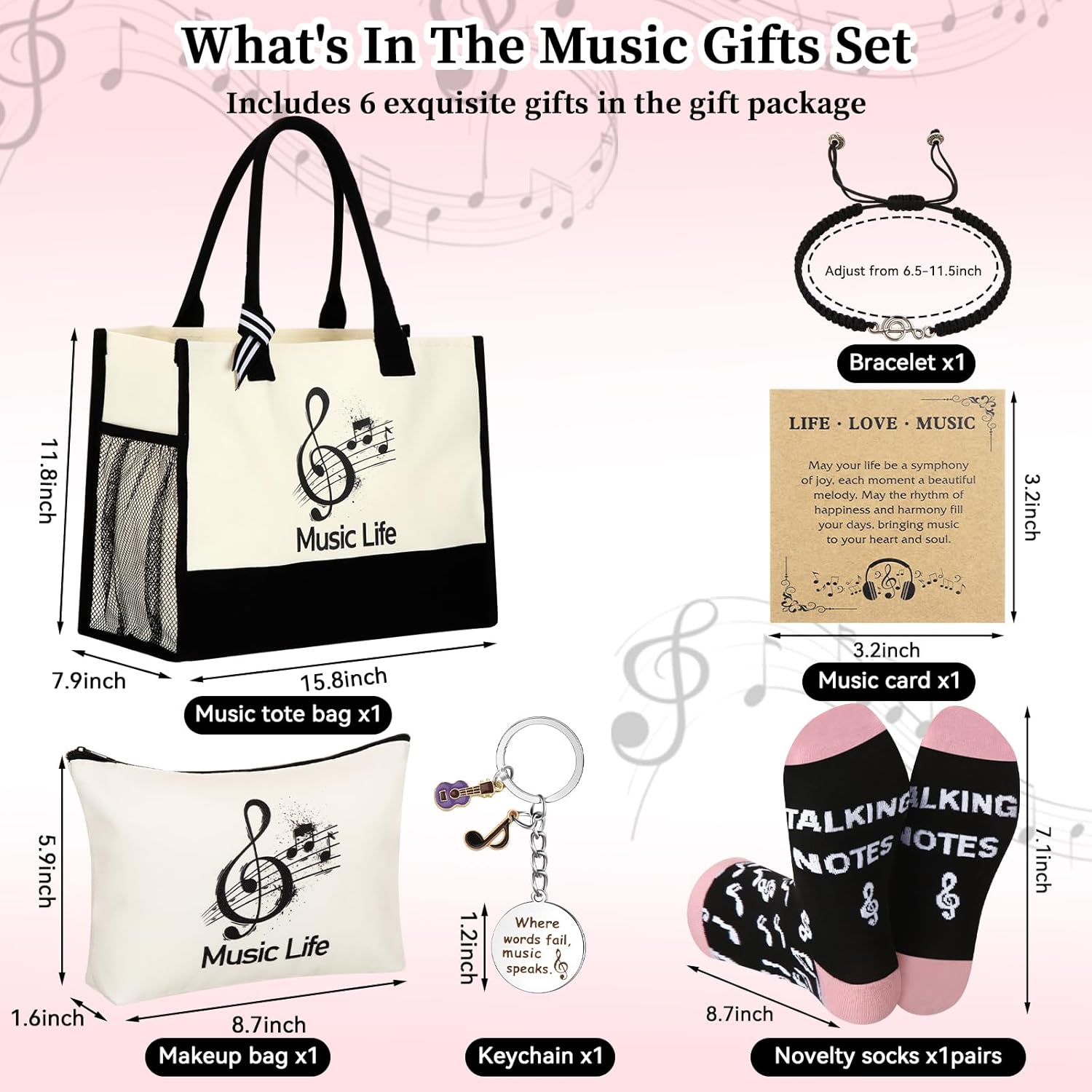6 Pcs Music Theme Gifts for Women Canvas Tote Bag Cosmetic Pouch Crew Socks Bracelet Cards Keychains Musical Lovers Gifts Musicial Students Teachers Musicians Favors for Birthday Valentine - Image 4