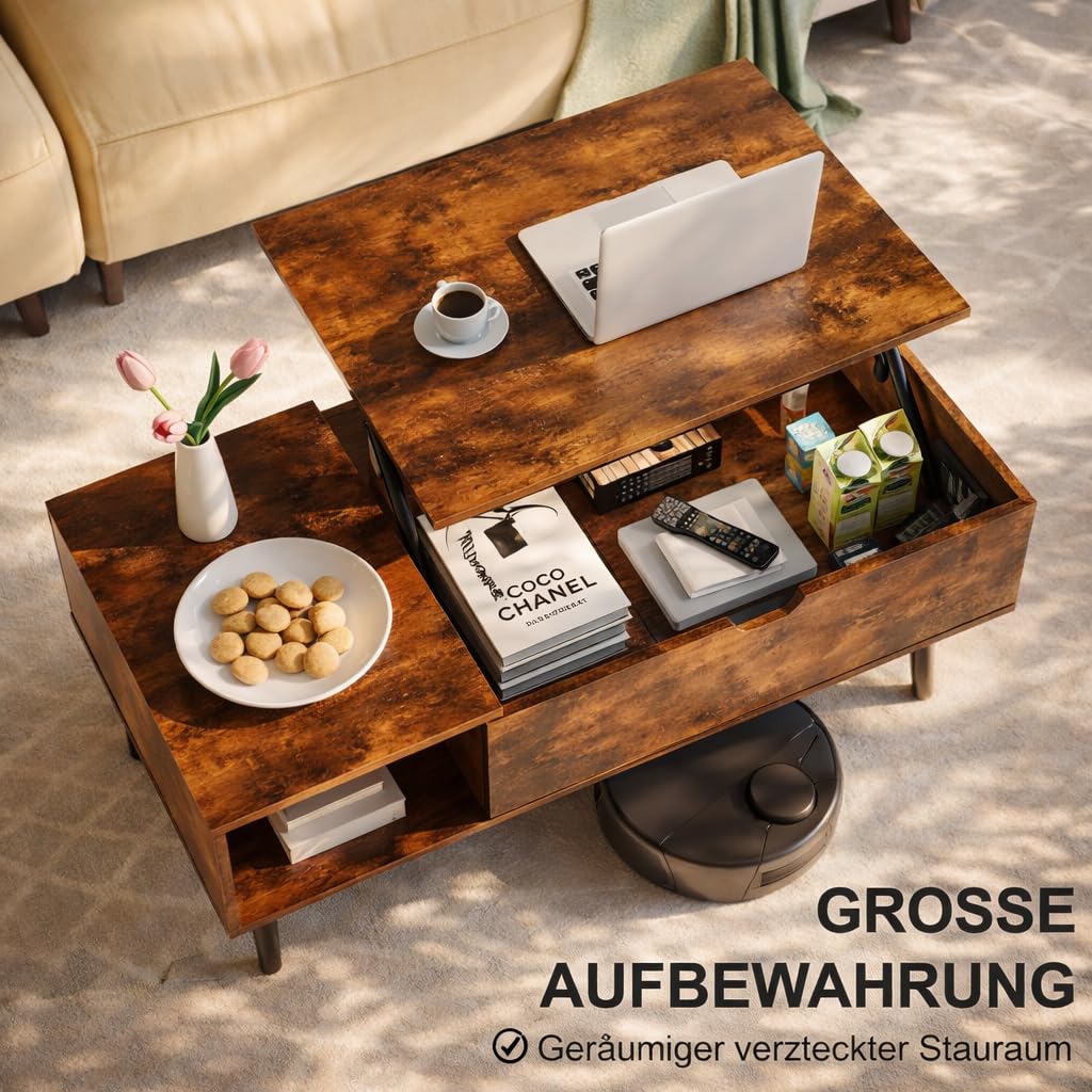 DUMOS Couchtisch Höhenverstellbar, Qualität Wohnzimmertisch, Couchtisch, Couchtische für Wohnzimmer, kleine, Moderne Holz-Mitteltische mit Ablagefach und verstecktem Fach (Holzfarbe)