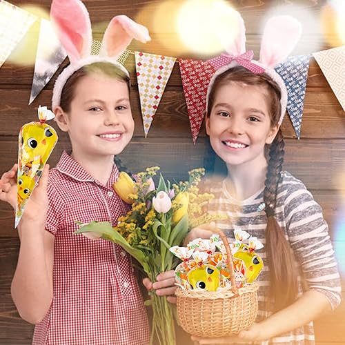Miniatura 7 de SULOLI 100 bolsas de celofán con cono de Pascua, bolsas de golosinas triangulares de 6.7 x 11.8 pulgadas con 120 lazos giratorios, 3 colores