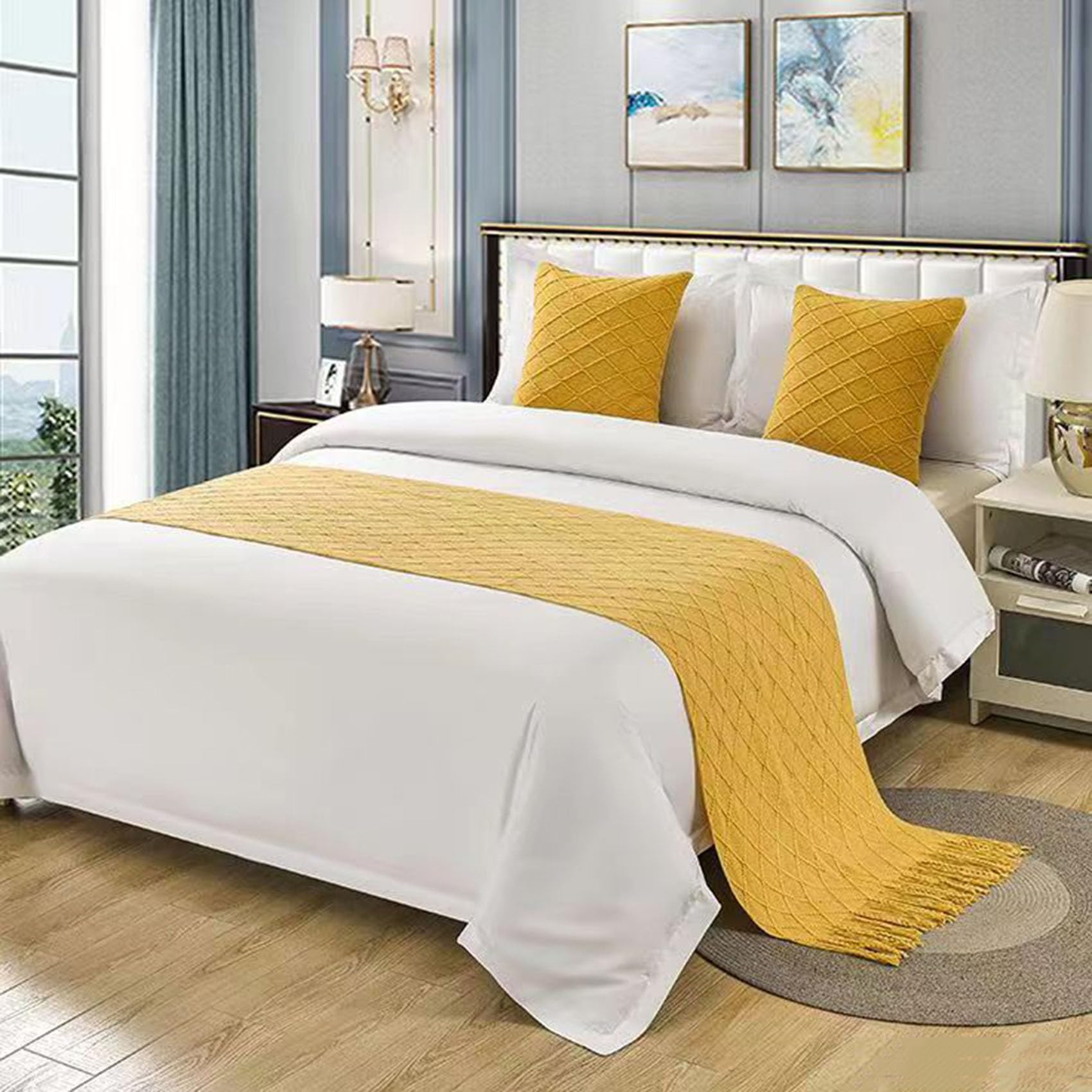 SXLXYOF Knitted Bed Runners Matching Cushions for King Size with Tassels Boho Woven Bed Scarves Throw Blanket No Fading Soft Bed Scarf Towel Bedding Bedspread,M-60 * 240CM(1.8m bed)