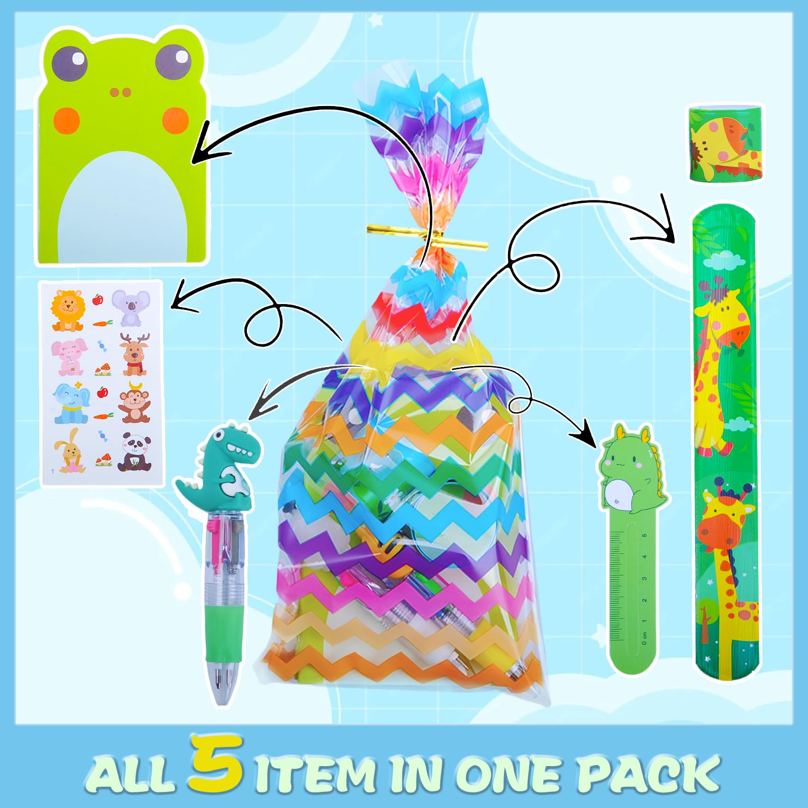 Confezione di cancelleria per feste, confezione da 24 sacchetti di cancelleria con animali dei cartoni animati, sacchetti per regali di compleanno con penna multicolore, mini quaderni per