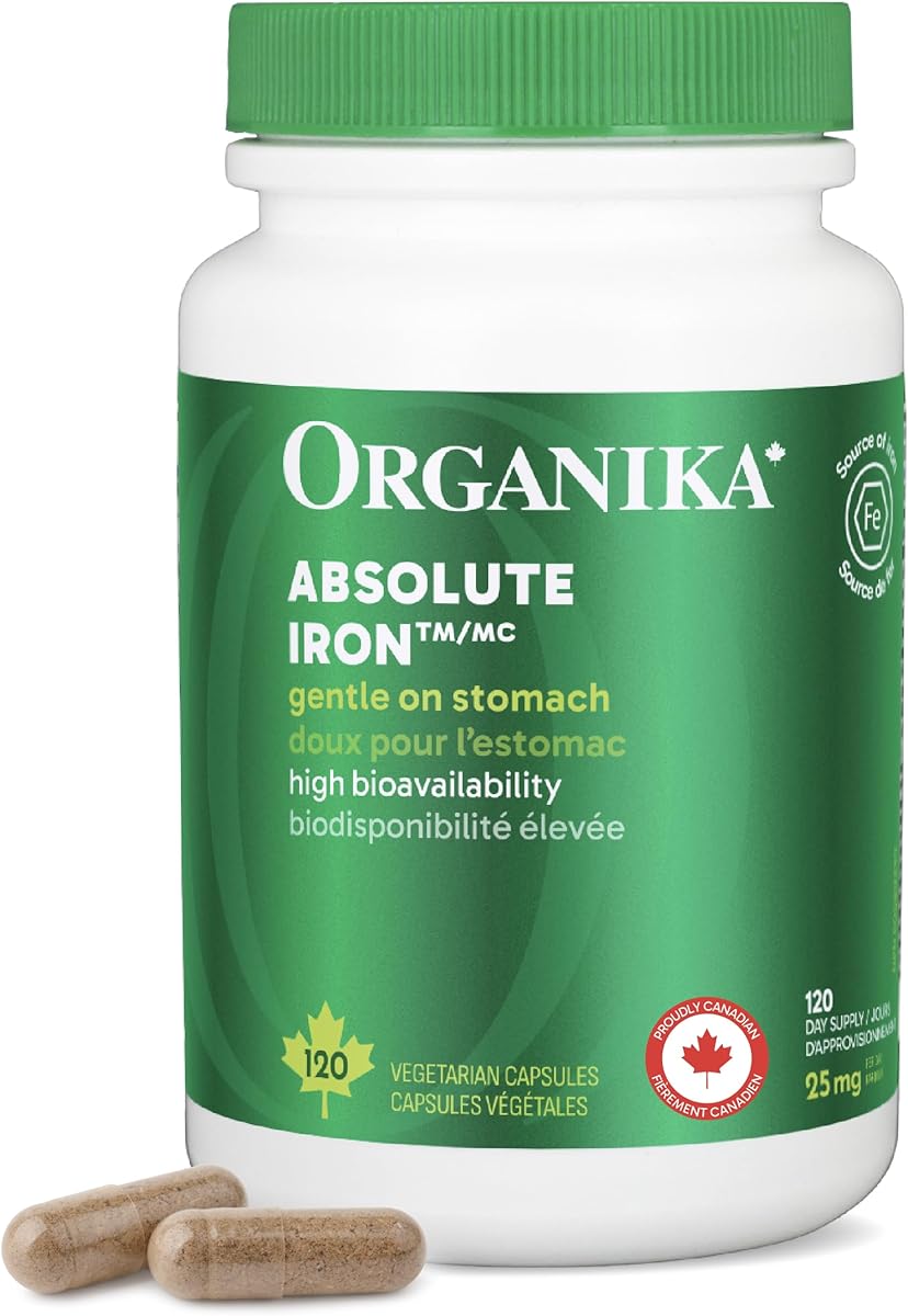 Organika Organika Canadian-Made Absolute Iron - Iron Bisglycinate- High Availability, Gentle on Stomach, Boost Iron Levels- Beneficial for Women and Vegetarians- 120vcaps