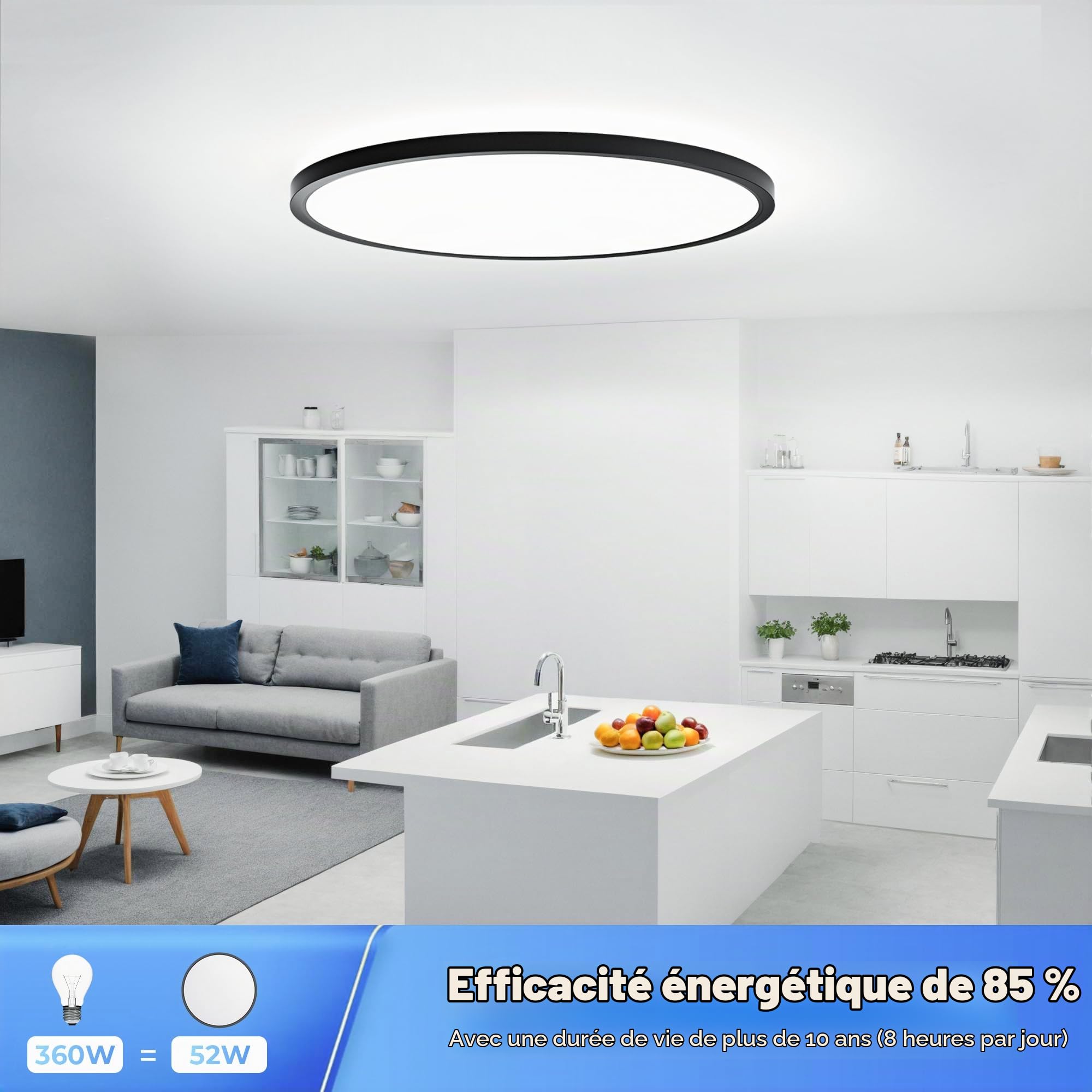 OTREN Plafonnier LED 52W, 5200LM Moderne Rond Luminaire Intérieur, IP44 Etanche Lumière de Salle de Bain, Ultra Mince Noir Lampe de Plafon pour Salon Chambre Cuisine Bureau, Blanc Froid 4000K, Ø50cm