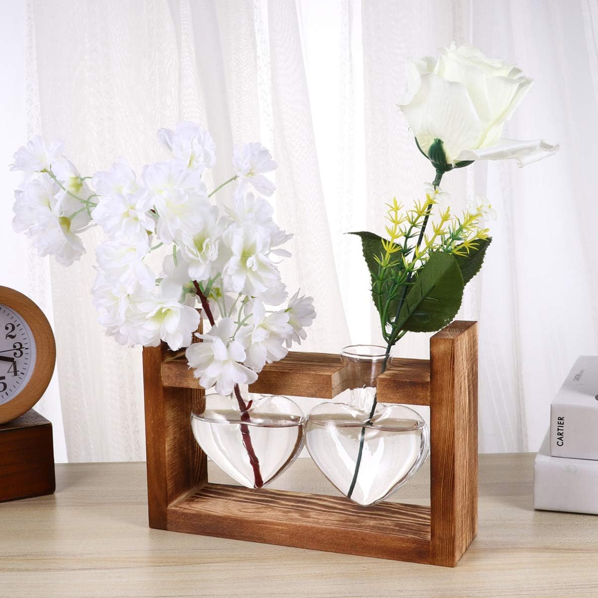 Yardwe Air Plant Pots 1PCS Plant Terrarium with Wooden Stand, Heart Shape Desktop Glass Planter Flowerpot Bulb Vase for Hydroponics Plants (2 Bulb Vase) Glass Terrarium Container