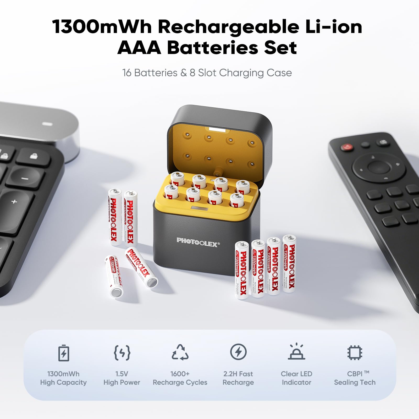 PHOTOOLEX Batterie AAA ricaricabili al litio 16 pezzi con caricatore a 8 slot, 1300 mWh ad alta capacità 1,5 V, batteria agli ioni di litio, 1600 cicli AAA con caricatore rapido