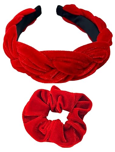 Shimmer Anna Shine Diademas y coleteros de terciopelo rojo para mujeres y niñas, diadema de terciopelo trenzado para mujeres y niñas (diadema