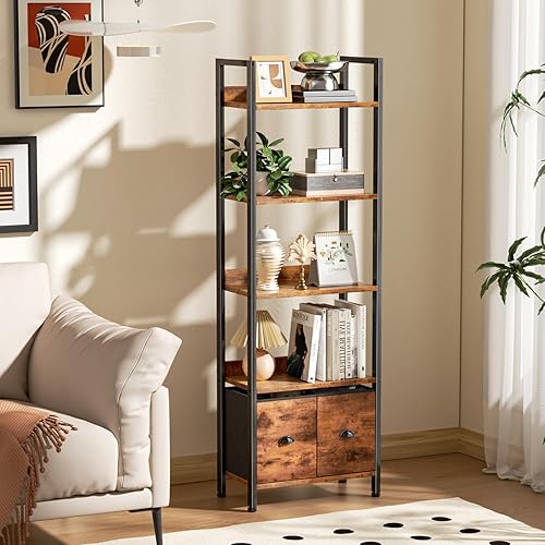 Miniatura 2 de Furologee Estantería de 4 niveles, estantería alta con 2 cajones de almacenamiento, estantes de exhibición industrial, estante de almacenamiento de